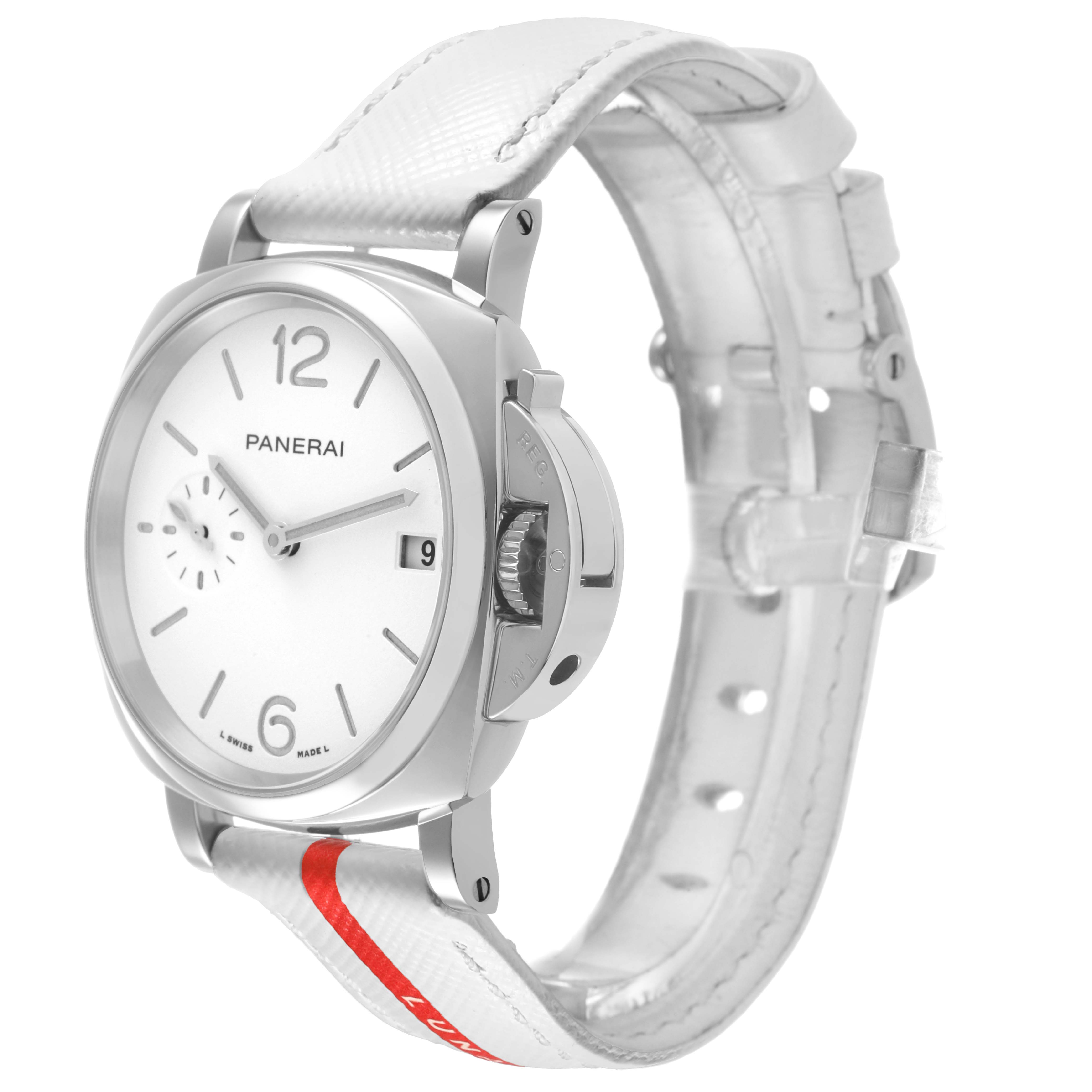 The image shows a Panerai Luminor Due PAM01306 Men's Stainless Steel White Dial watch at a three-quarter angle, highlighting the face, crown guard, and white strap.