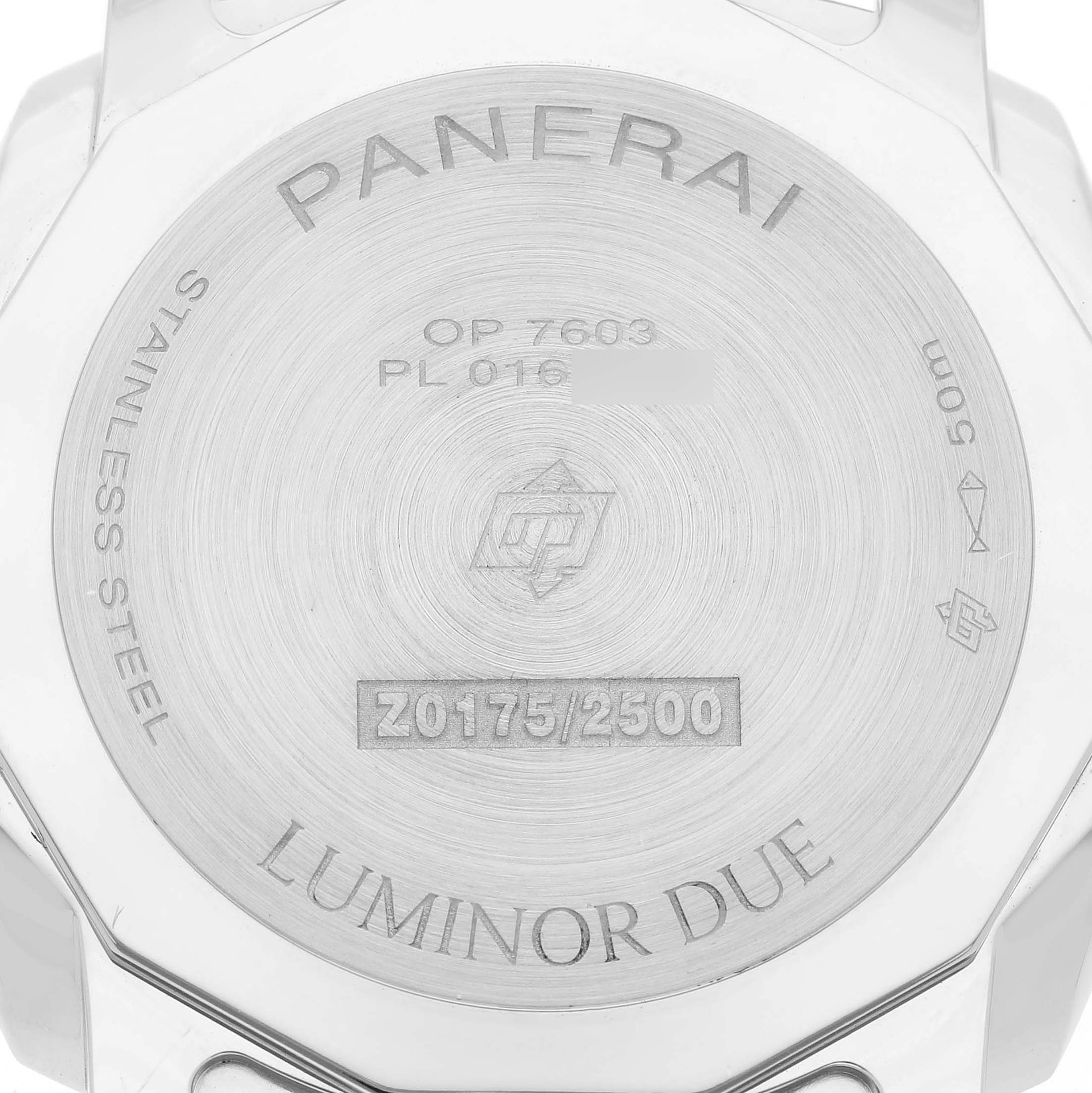 This image shows the back case of a Panerai Luminor Due PAM01306 Men's Stainless Steel White Dial watch, featuring engravings and model details.