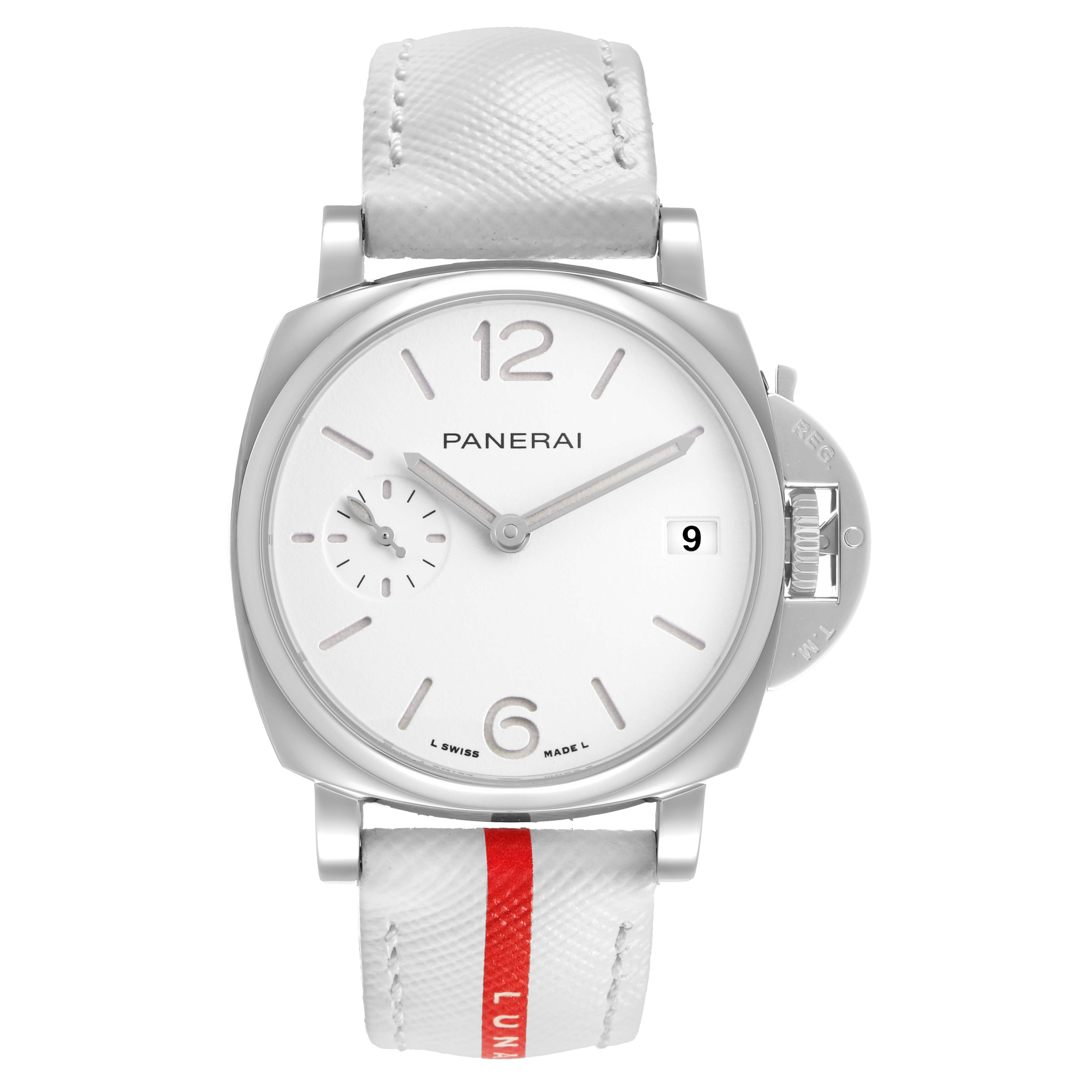 The Panerai Luminor Due PAM01306 Men's Stainless Steel White Dial watch is shown from the front, highlighting the dial, hands, crown guard, and white strap with red accents.