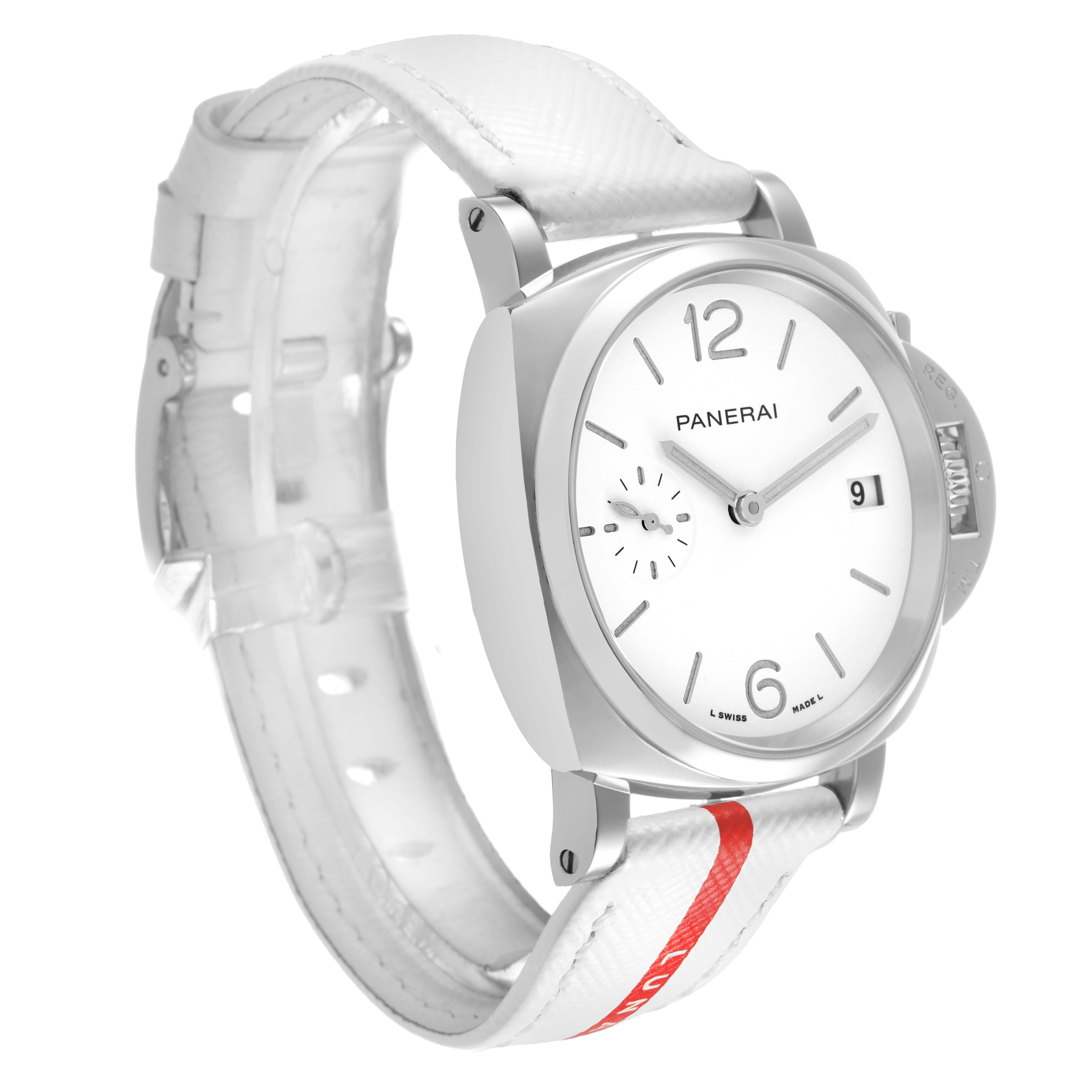 The image shows a side view of the Panerai Luminor Due PAM01306 Men's Stainless Steel White Dial, highlighting its face, case, lugs, and strap.