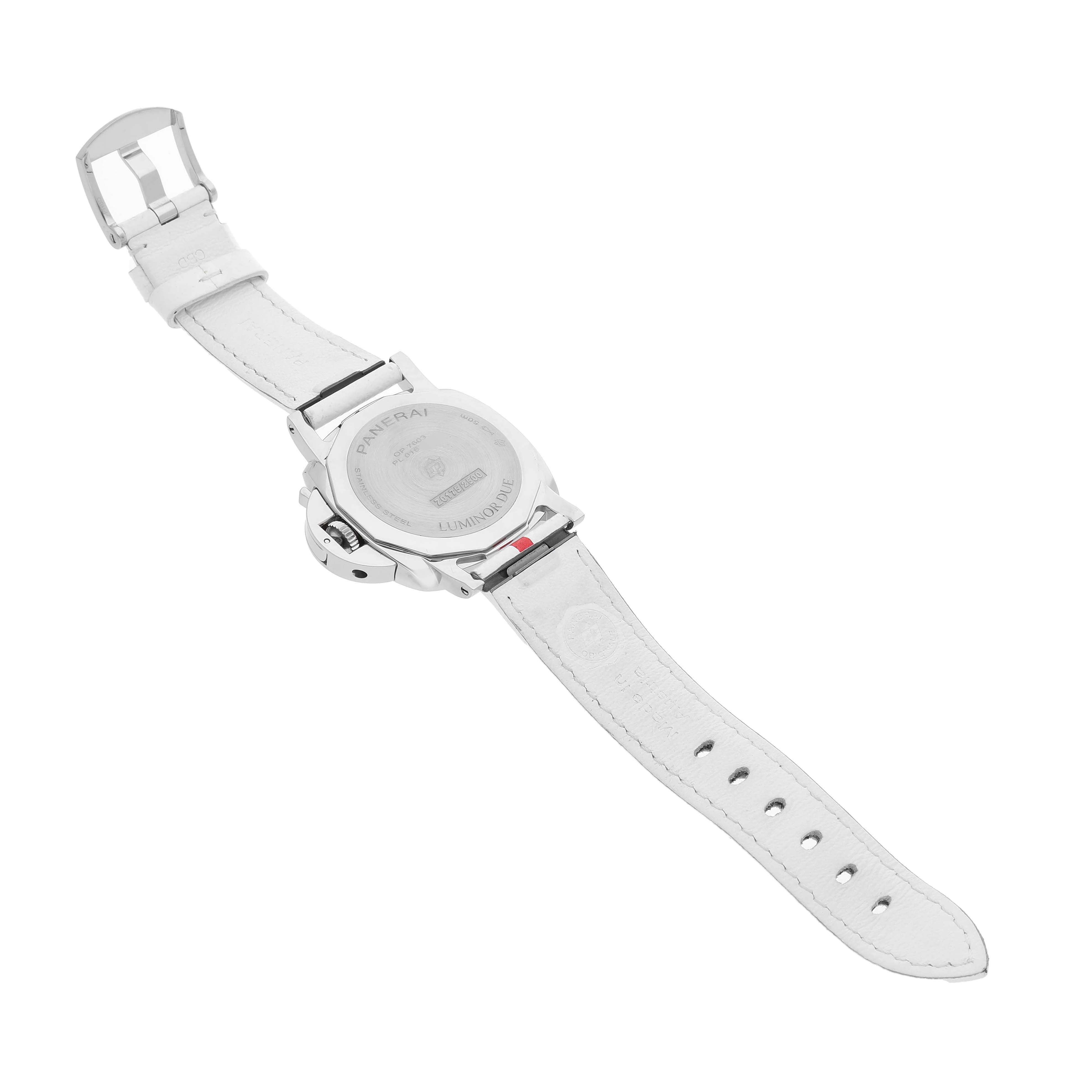 The Panerai Luminor Due PAM01306 Men's Stainless Steel White Dial watch is shown from the back, displaying the case back, strap, and buckle.