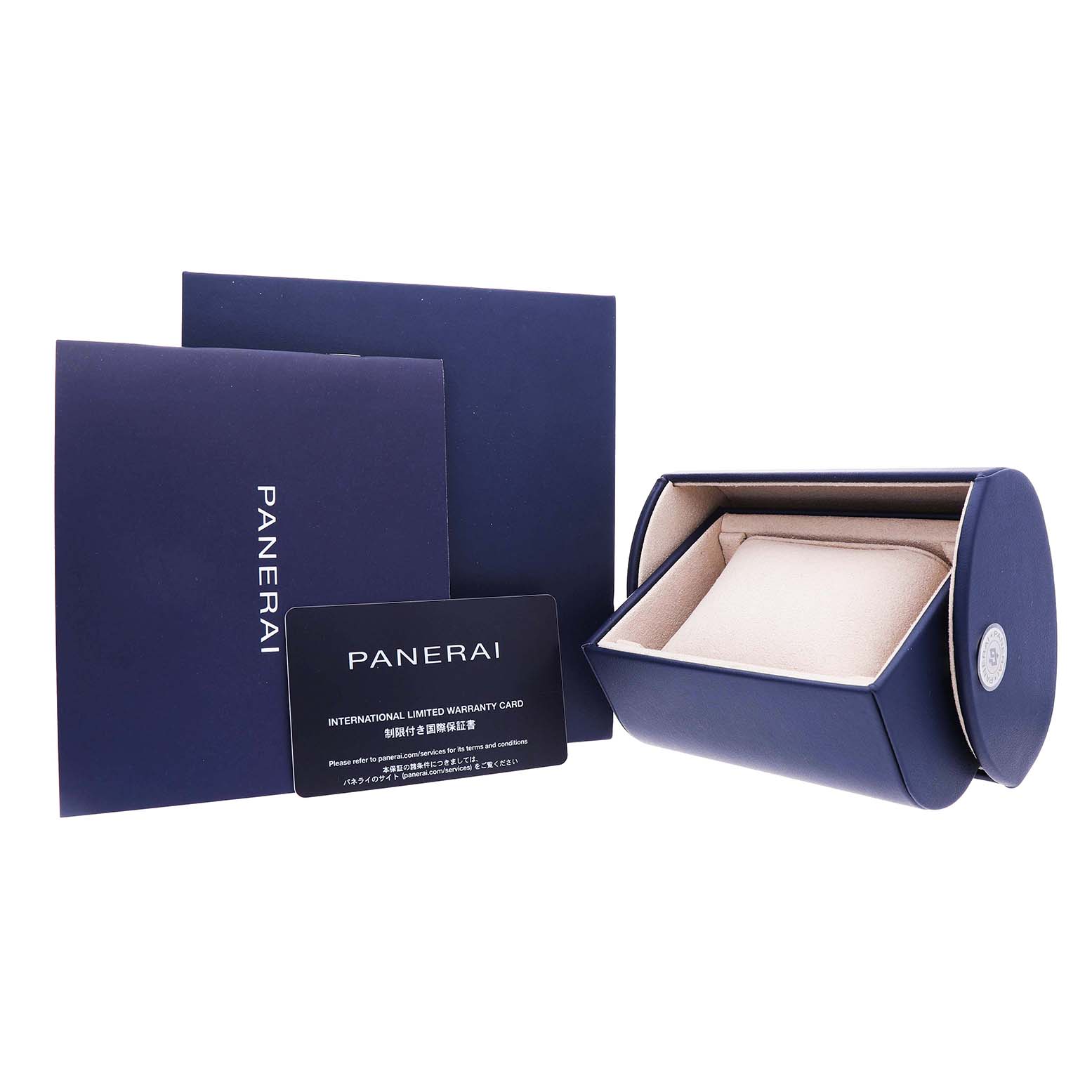 The image shows the packaging and warranty card for a Panerai Luminor Due PAM01306 Men's Stainless Steel White Dial model, including a blue box and card.