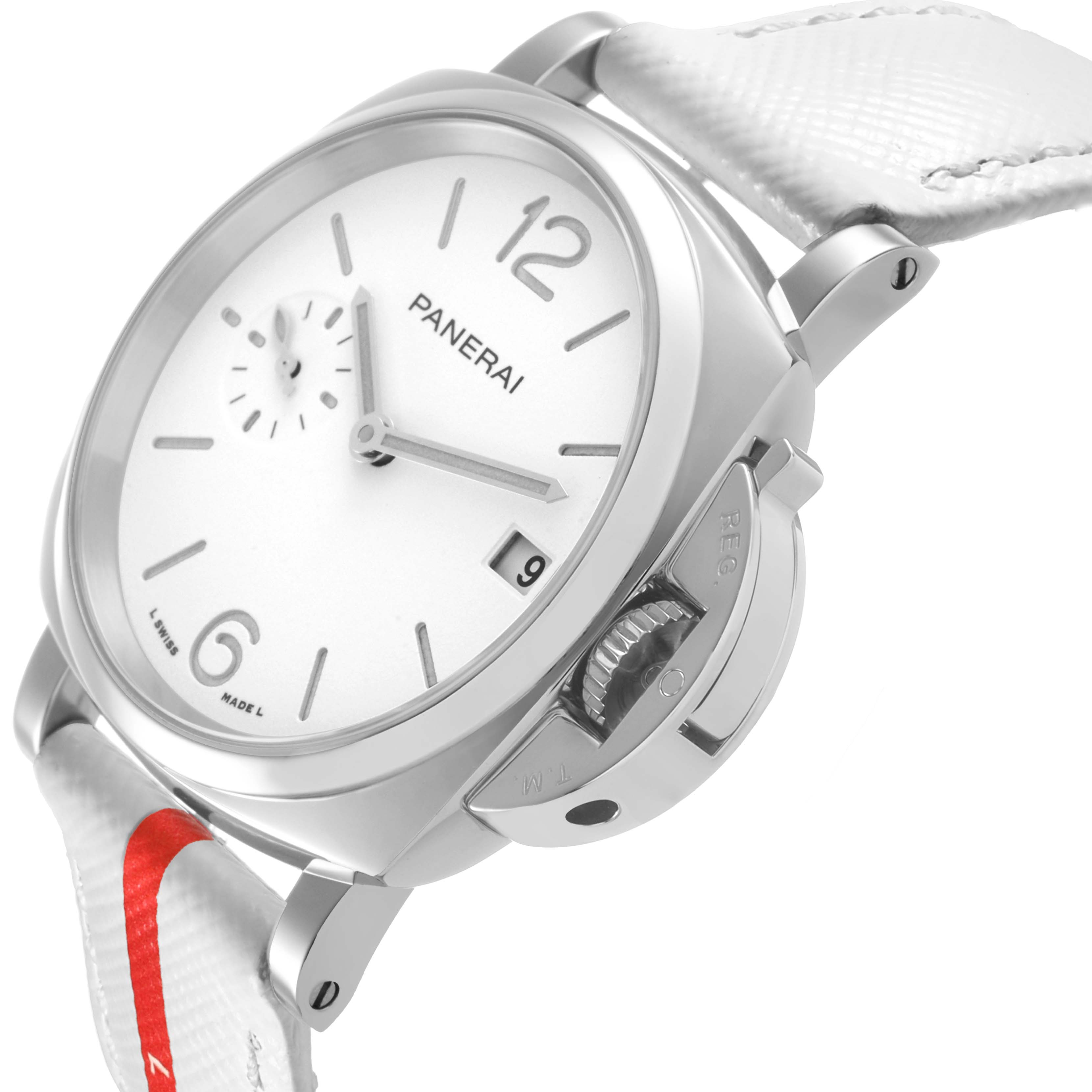 The Panerai Luminor Due PAM01306 Men's Stainless Steel White Dial is shown from a side angle highlighting the crown guard, dial, and white strap.