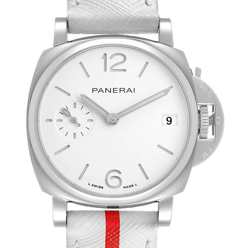 The image shows a front view of the Panerai Luminor Due PAM01306 Men's Stainless Steel White Dial watch, highlighting the dial, hands, and part of the strap.