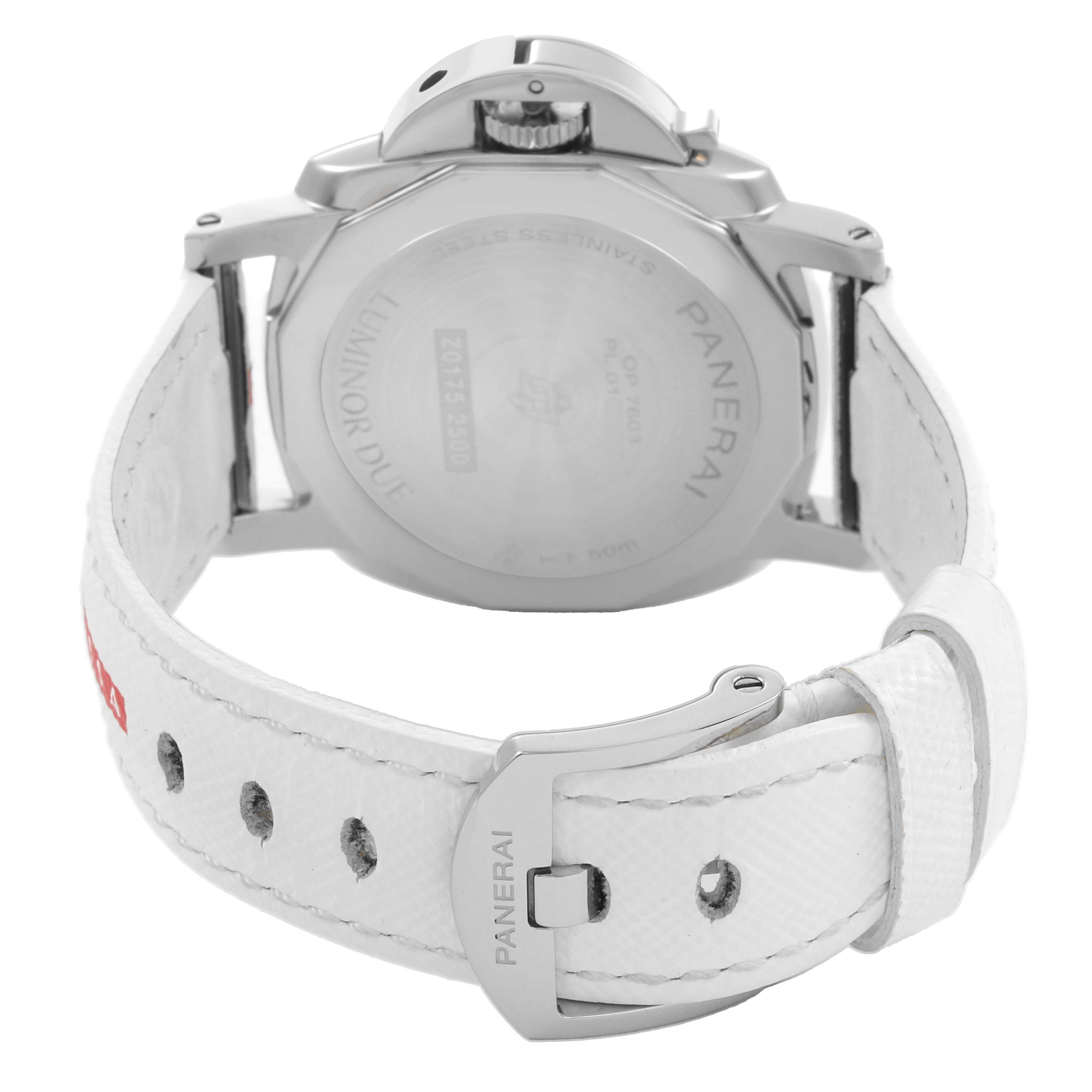 The image shows the back of the Panerai Luminor Due PAM01306 Men's Stainless Steel White Dial watch, highlighting the buckle, strap, and case back.