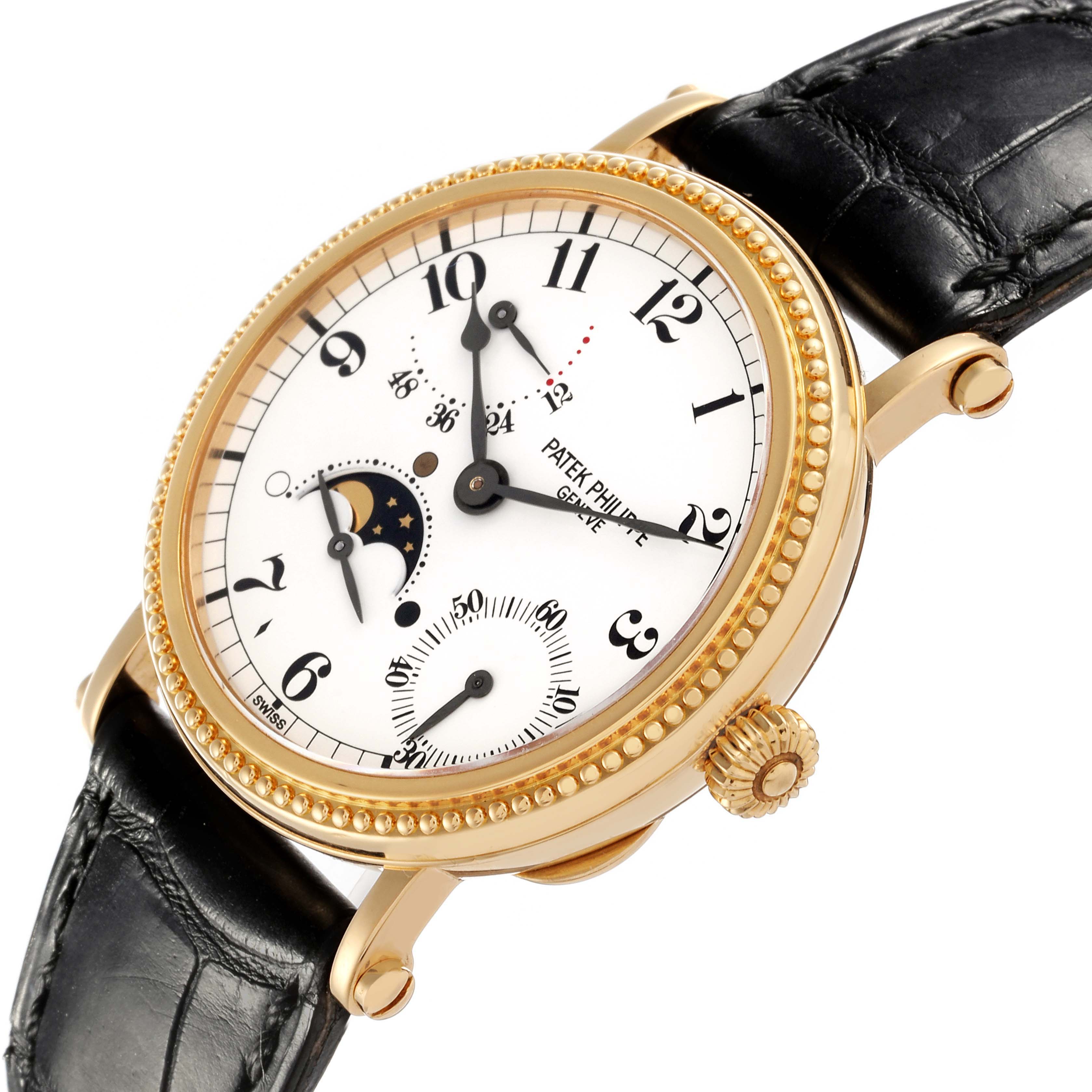 The image shows a Patek Philippe Calatrava 5015J-001 Men's Yellow Gold White Dial watch at a slight angle, highlighting the dial, hands, sub-dials, crown, and leather strap.