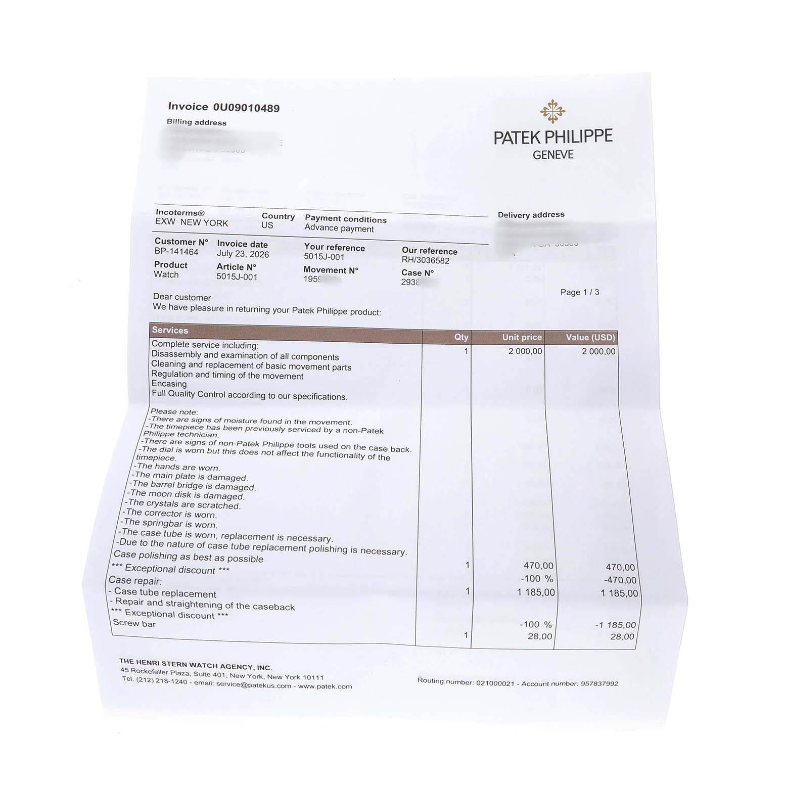 The image shows a service invoice for a Patek Philippe Calatrava 5015J-001 Men's Yellow Gold White Dial watch, detailing repairs and service components.