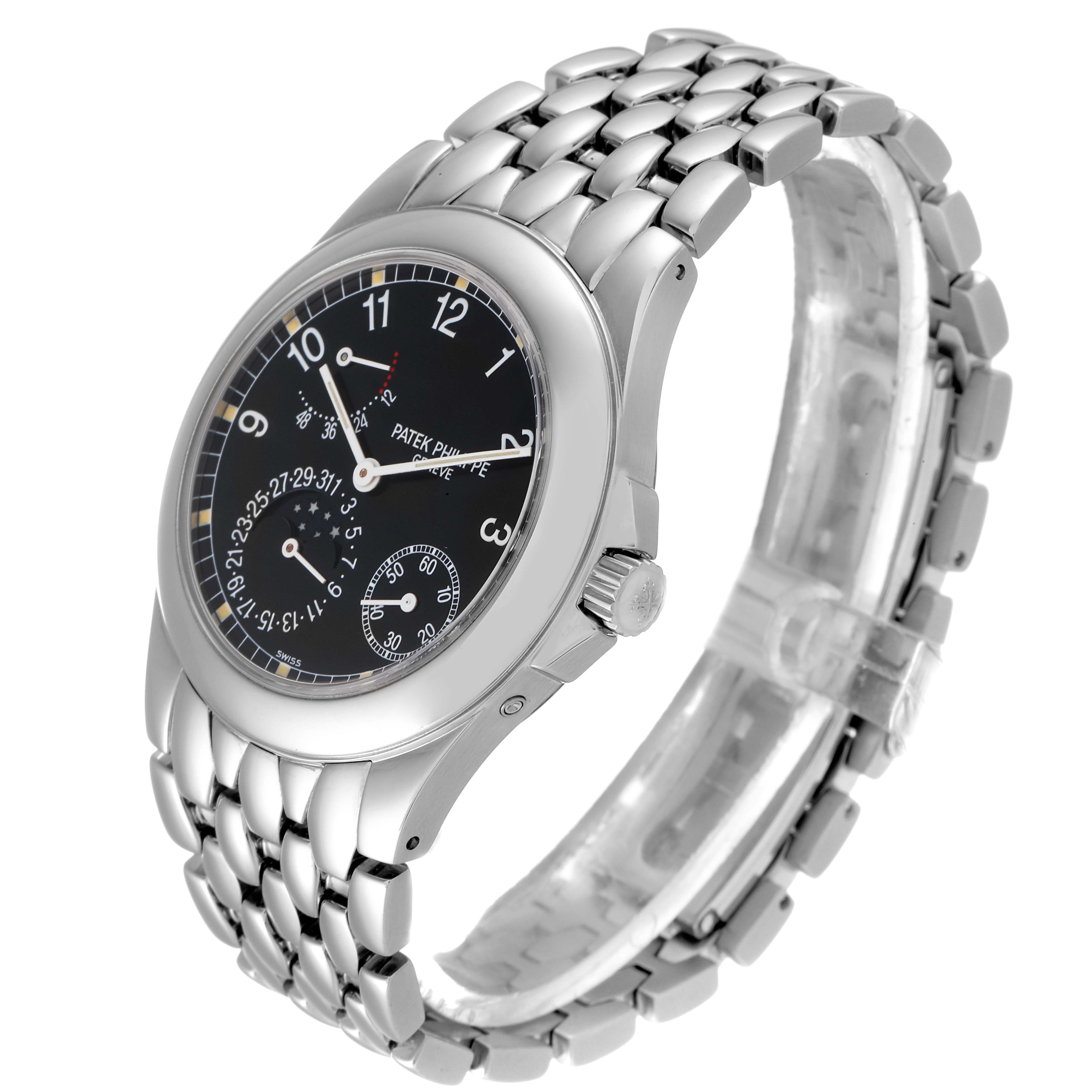 The watch is a Patek Philippe Neptune 5085A/1A-001 Men's Stainless Steel Black Dial 5085A/1A-001 Men's Stainless Steel Black Dial model shown at a 3/4 angle, highlighting the dial, crown, and bracelet.