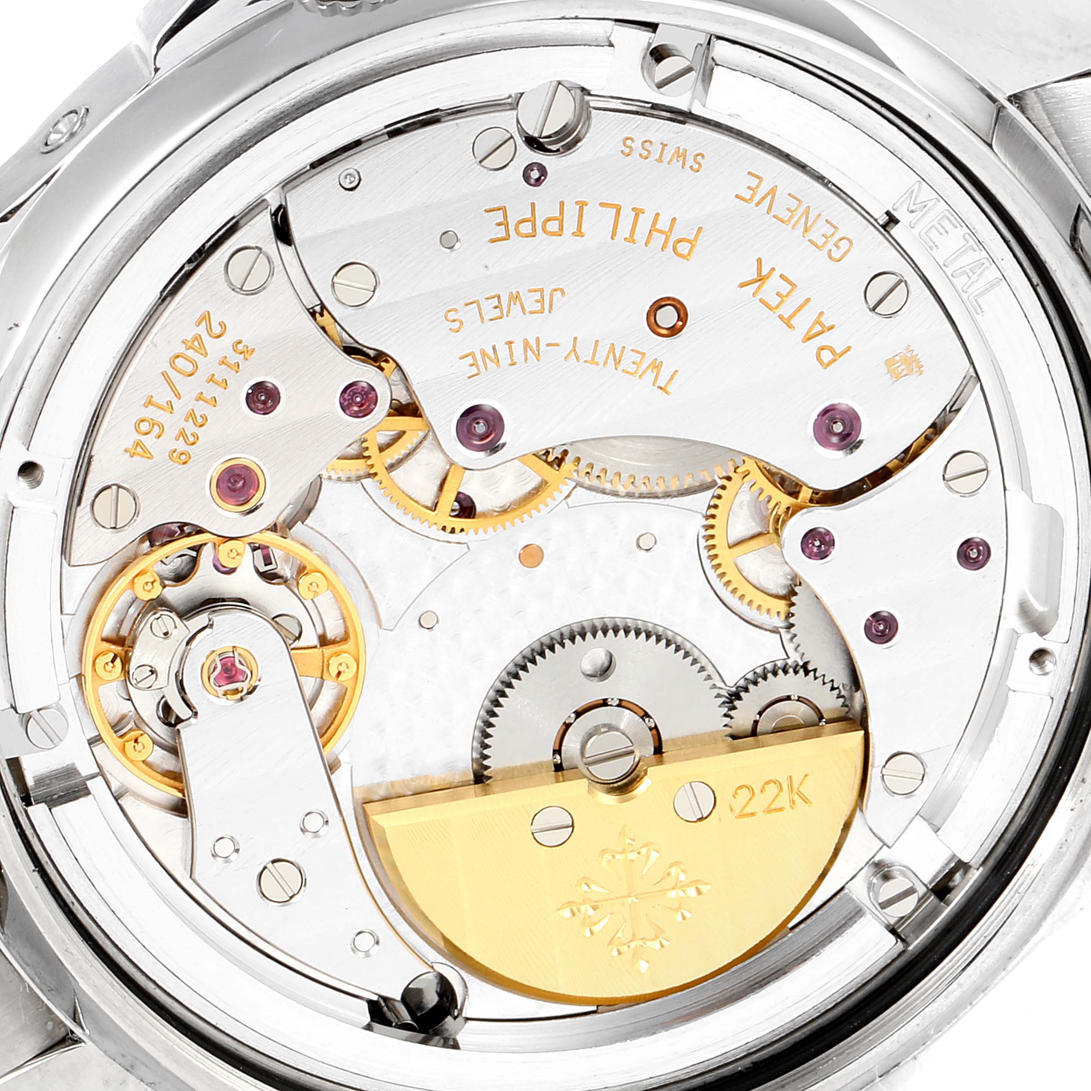 The image shows the back side of the Patek Philippe Neptune 5085A/1A-001 Men's Stainless Steel Black Dial 5085A/1A-001 Men's Stainless Steel Black Dial model, revealing the intricate inner mechanics and movement.