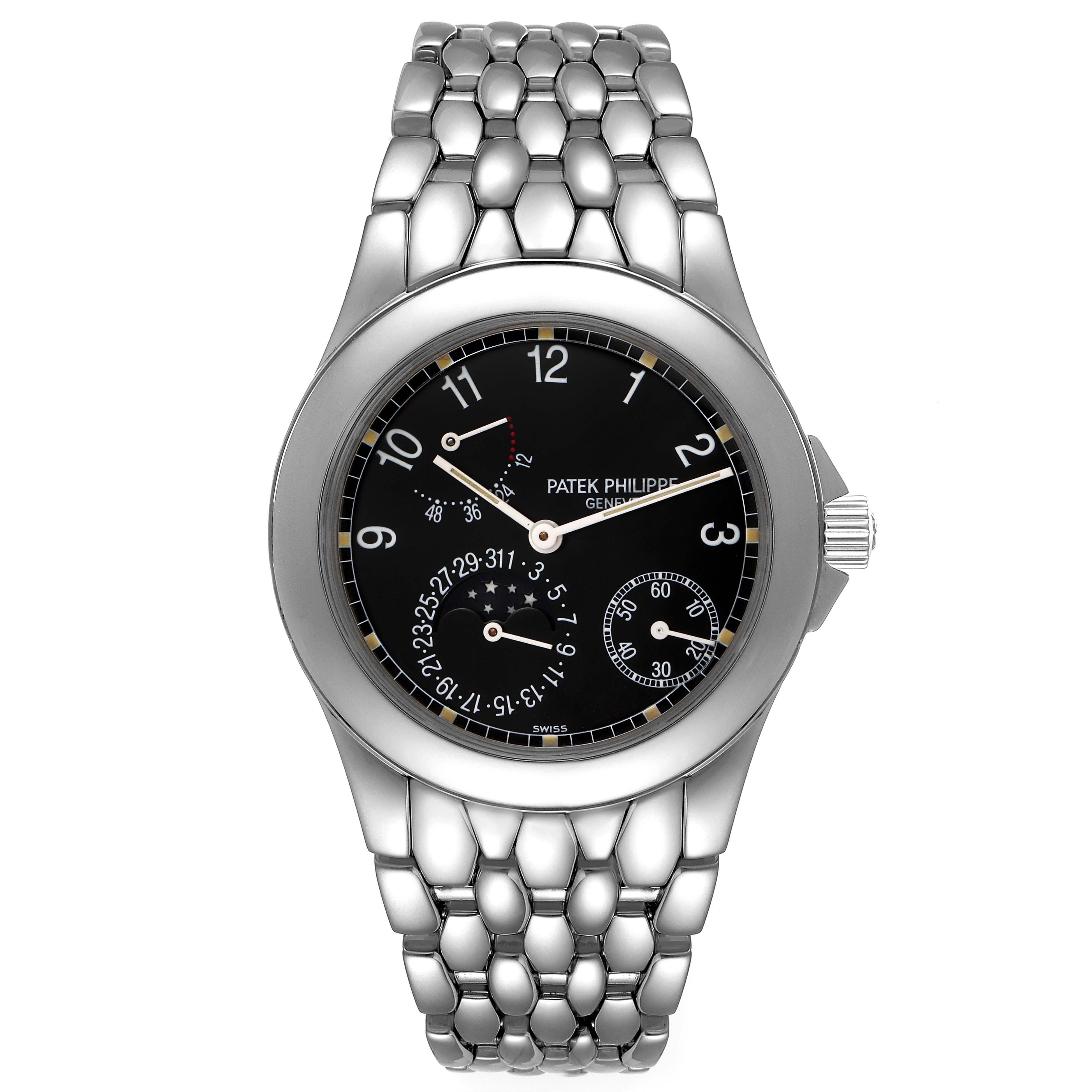 The image shows a frontal view of the Patek Philippe Neptune 5085A/1A-001 Men's Stainless Steel Black Dial 5085A/1A-001 Men's Stainless Steel Black Dial model watch, highlighting its face and metal bracelet.