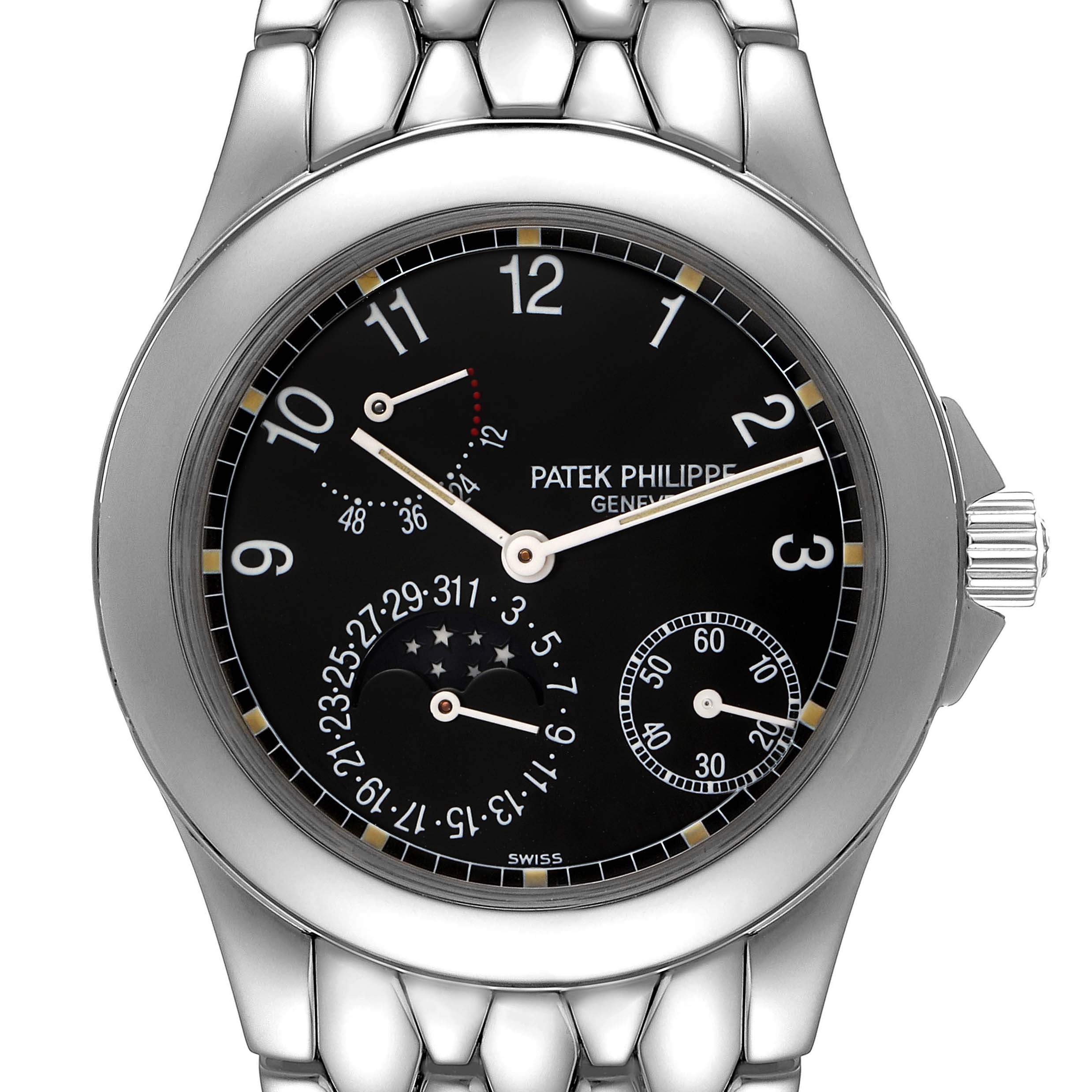 The image shows a front view of the dial and bracelet of the Patek Philippe Neptune 5085A/1A-001 Men's Stainless Steel Black Dial 5085A/1A-001 Men's Stainless Steel Black Dial model watch.