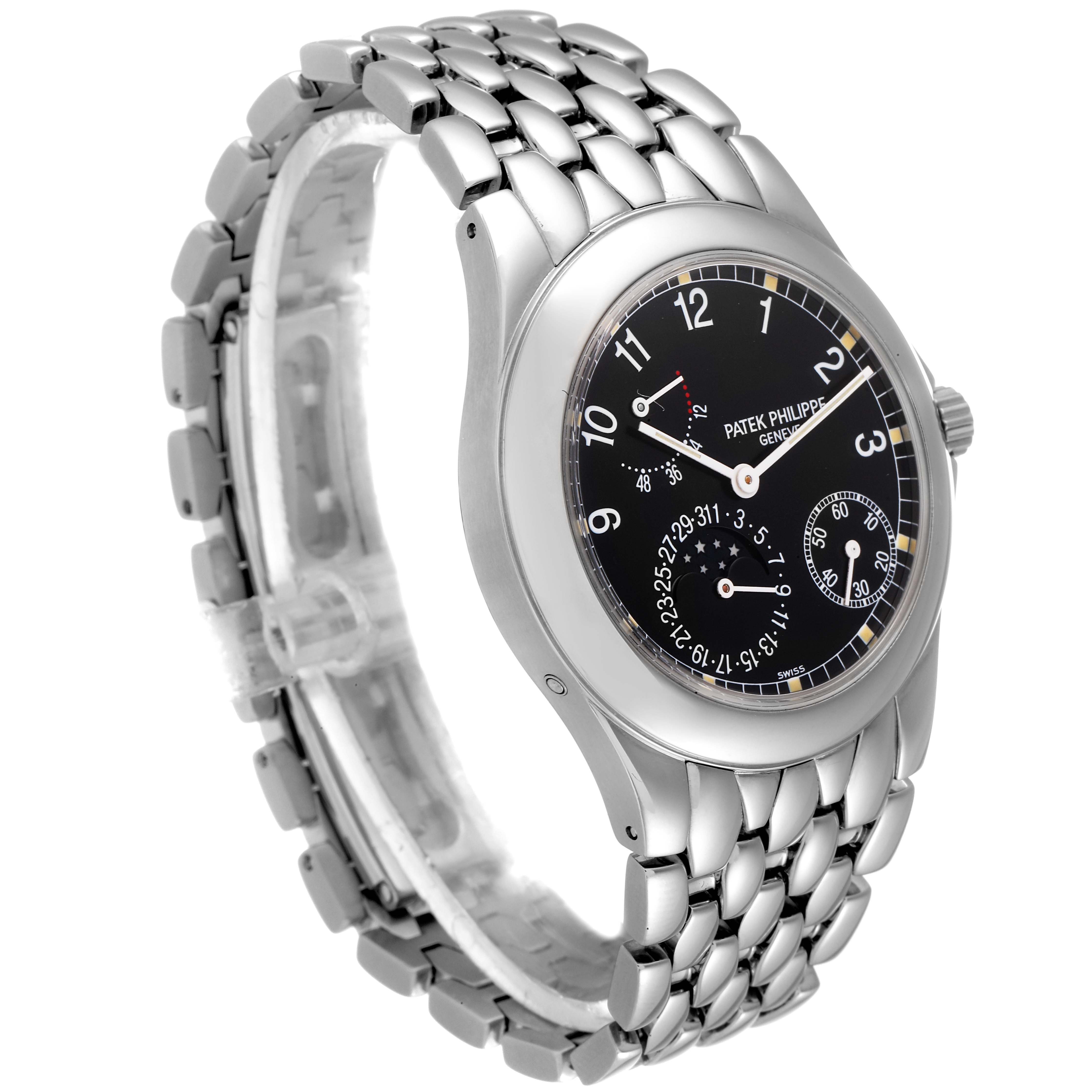 The image displays a Patek Philippe Neptune 5085A/1A-001 Men's Stainless Steel Black Dial 5085A/1A-001 Men's Stainless Steel Black Dial model wristwatch from a three-quarter angle, showcasing the dial, bezel, and bracelet.