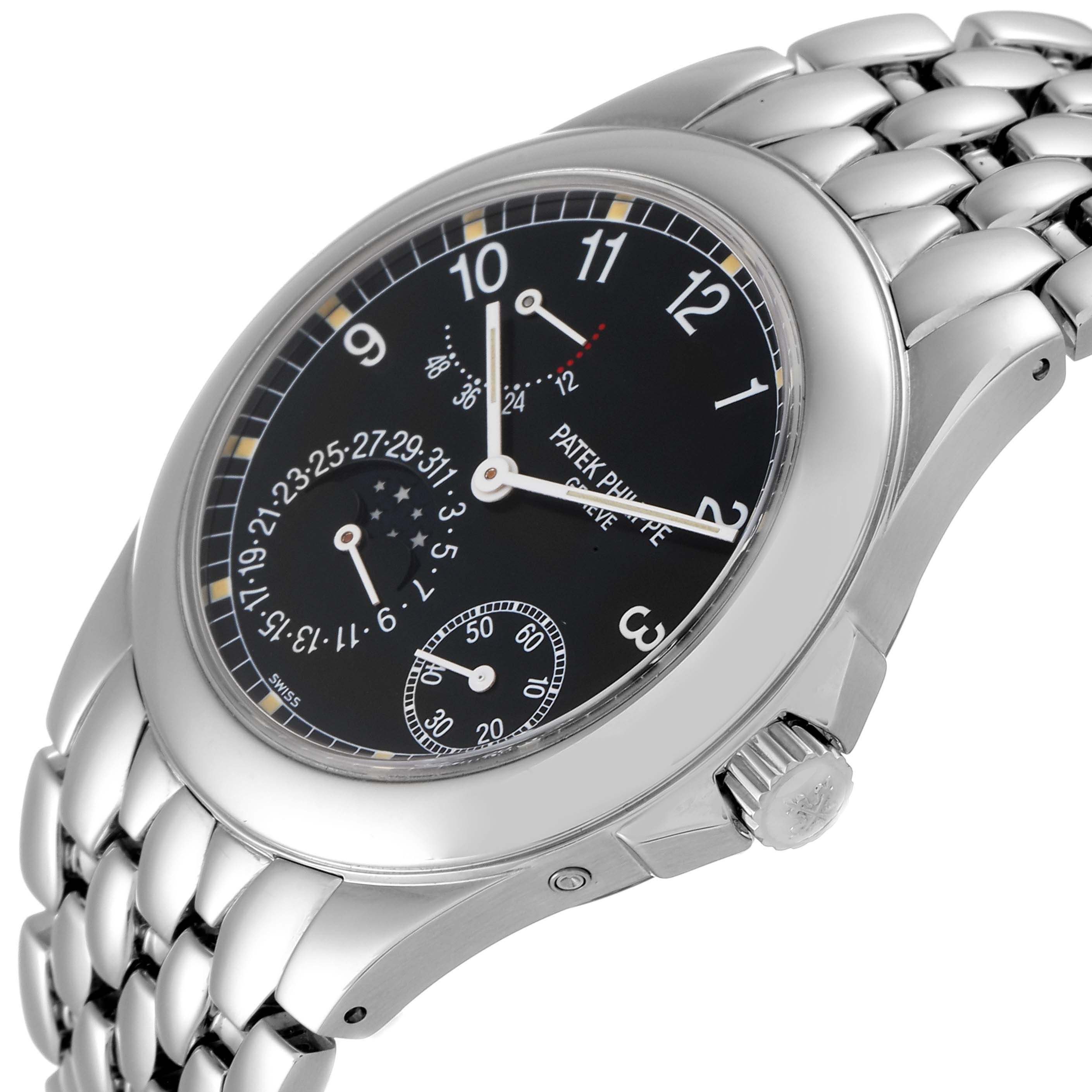 The image shows a Patek Philippe Neptune 5085A/1A-001 Men's Stainless Steel Black Dial 5085A/1A-001 Men's Stainless Steel Black Dial watch from a side angle, highlighting the crown, dial, and bracelet.