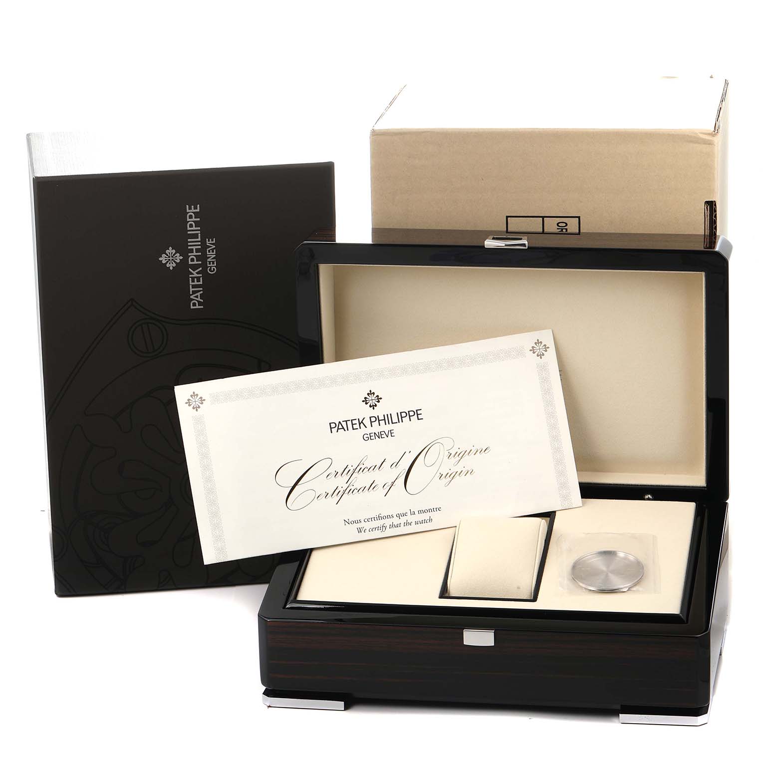 The image shows the Patek Philippe Complications 5236P-001 Men
s Platinum Blue Dial watch box, certificate, and accessories from a front angle.