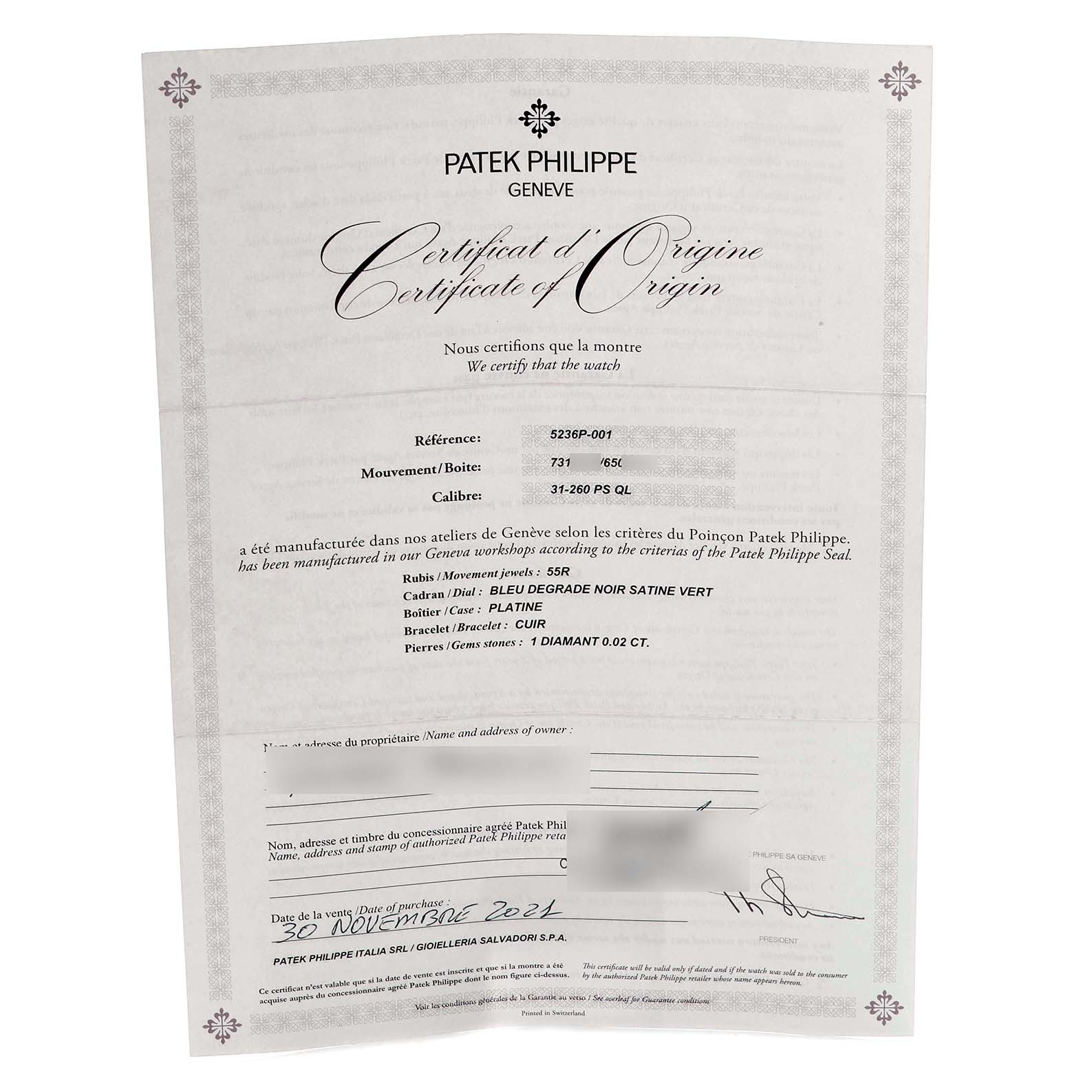 The image shows the Certificate of Origin for a Patek Philippe Complications 5236P-001 Men
s Platinum Blue Dial model, detailing specifications of the watch.