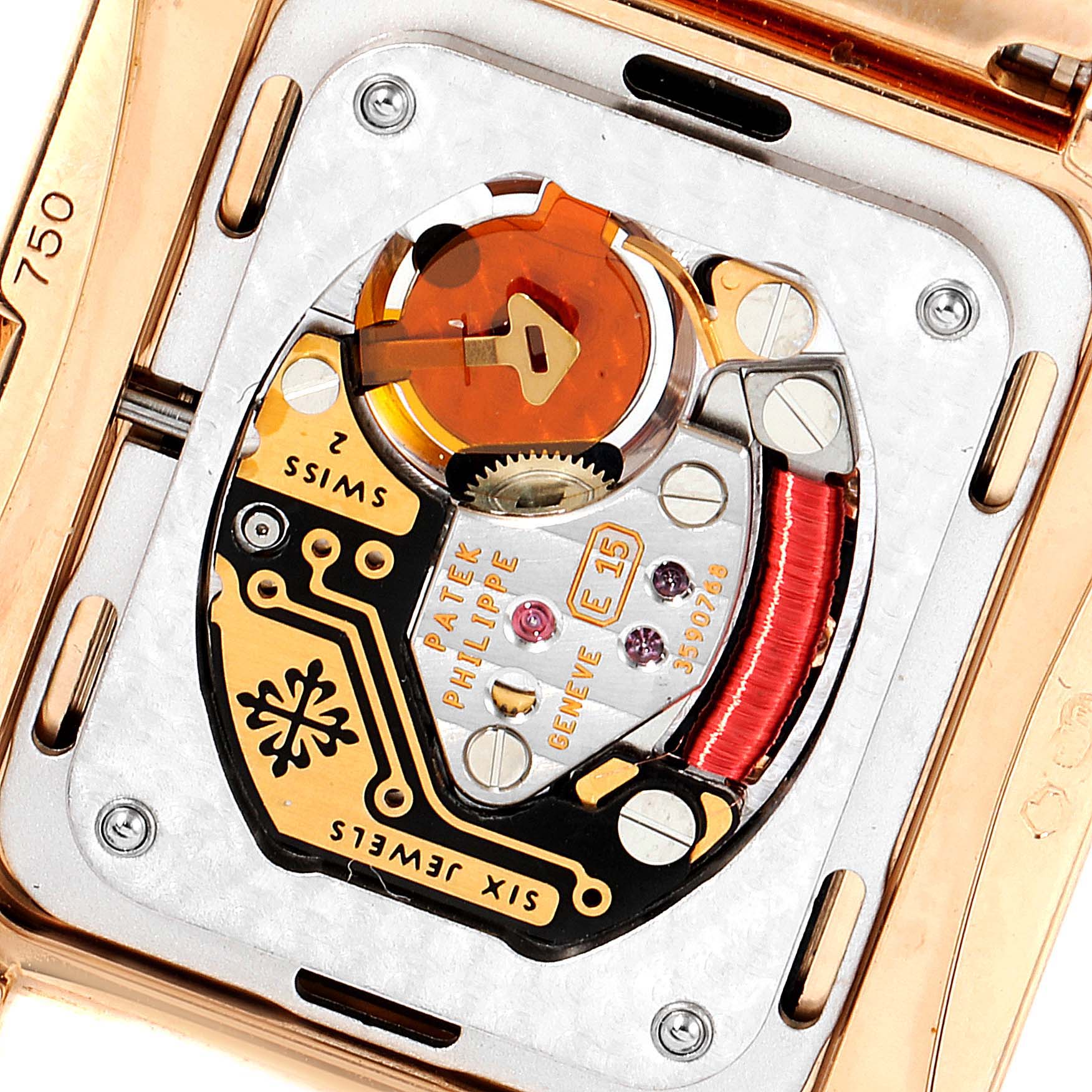 This is a close-up of the movement and internal components of the Patek Philippe Twenty-4 4910/11R Women's Rose Gold Black Dial 4910/11R Women's Rose Gold Black Dial model watch.