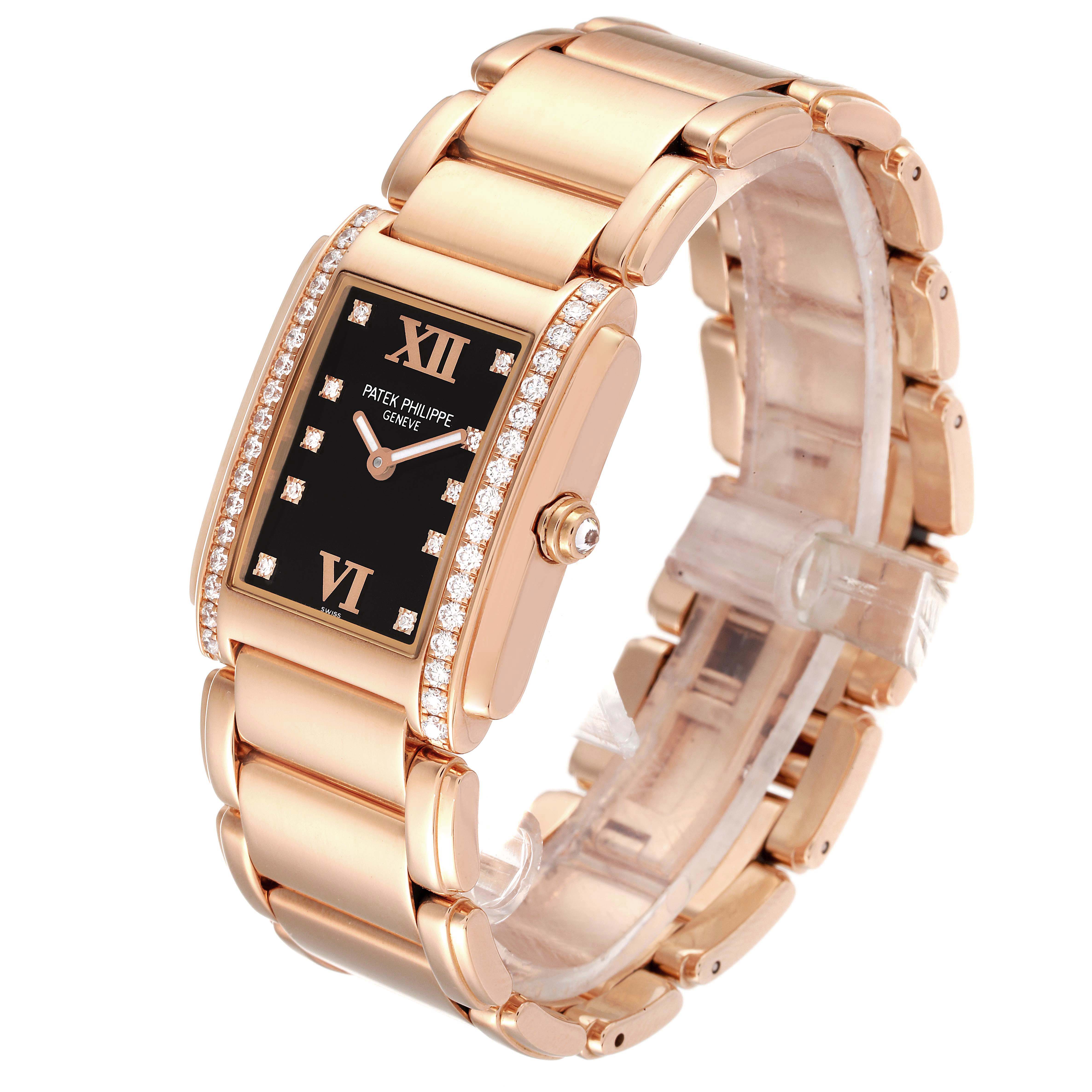 The Patek Philippe Twenty-4 4910/11R Women's Rose Gold Black Dial 4910/11R Women's Rose Gold Black Dial watch is shown at a three-quarter angle, highlighting the bracelet, case, and diamond-studded bezel.