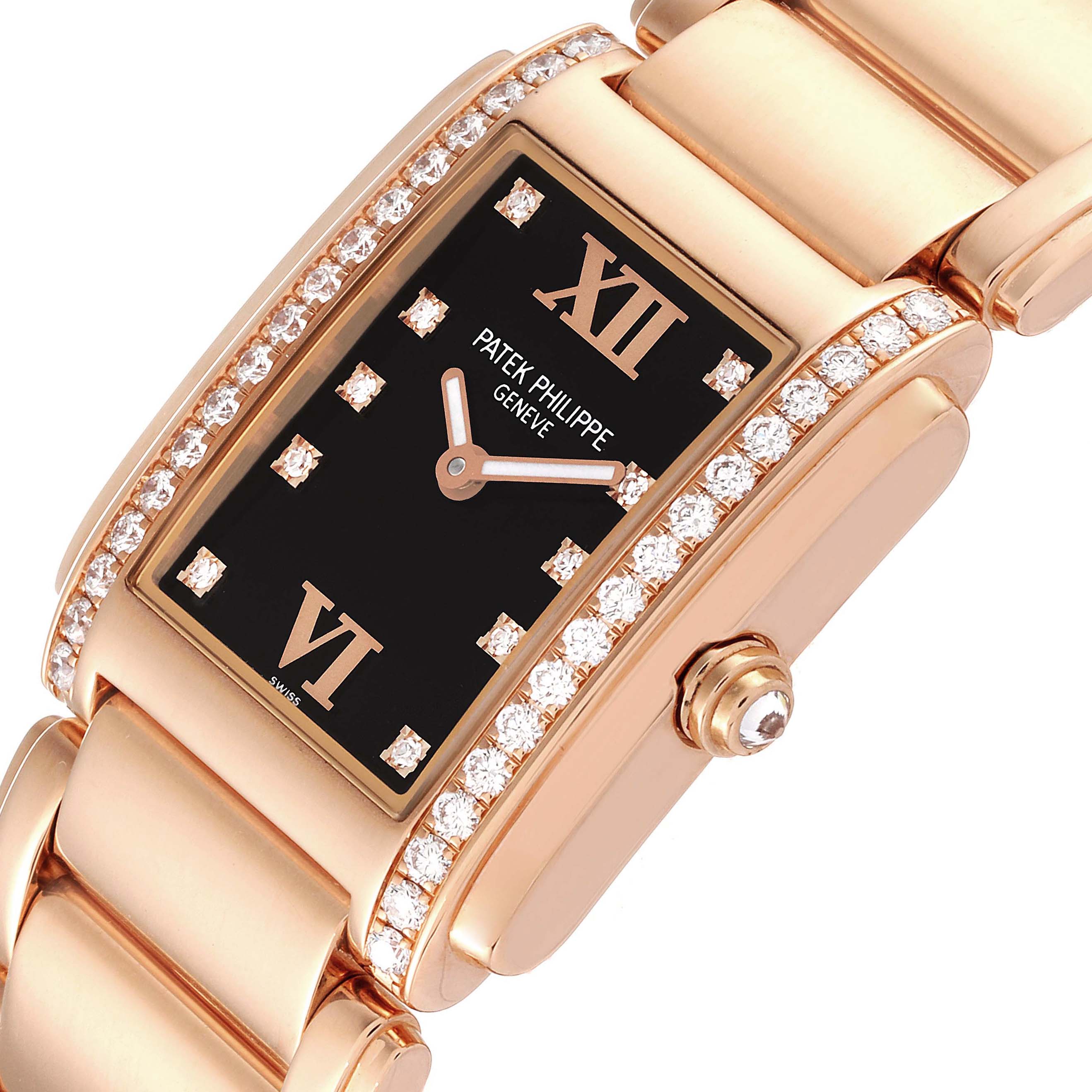 The Patek Philippe Twenty-4 4910/11R Women's Rose Gold Black Dial 4910/11R Women's Rose Gold Black Dial watch is shown at an angled close-up, featuring the diamond-set bezel, black dial, and part of the bracelet.