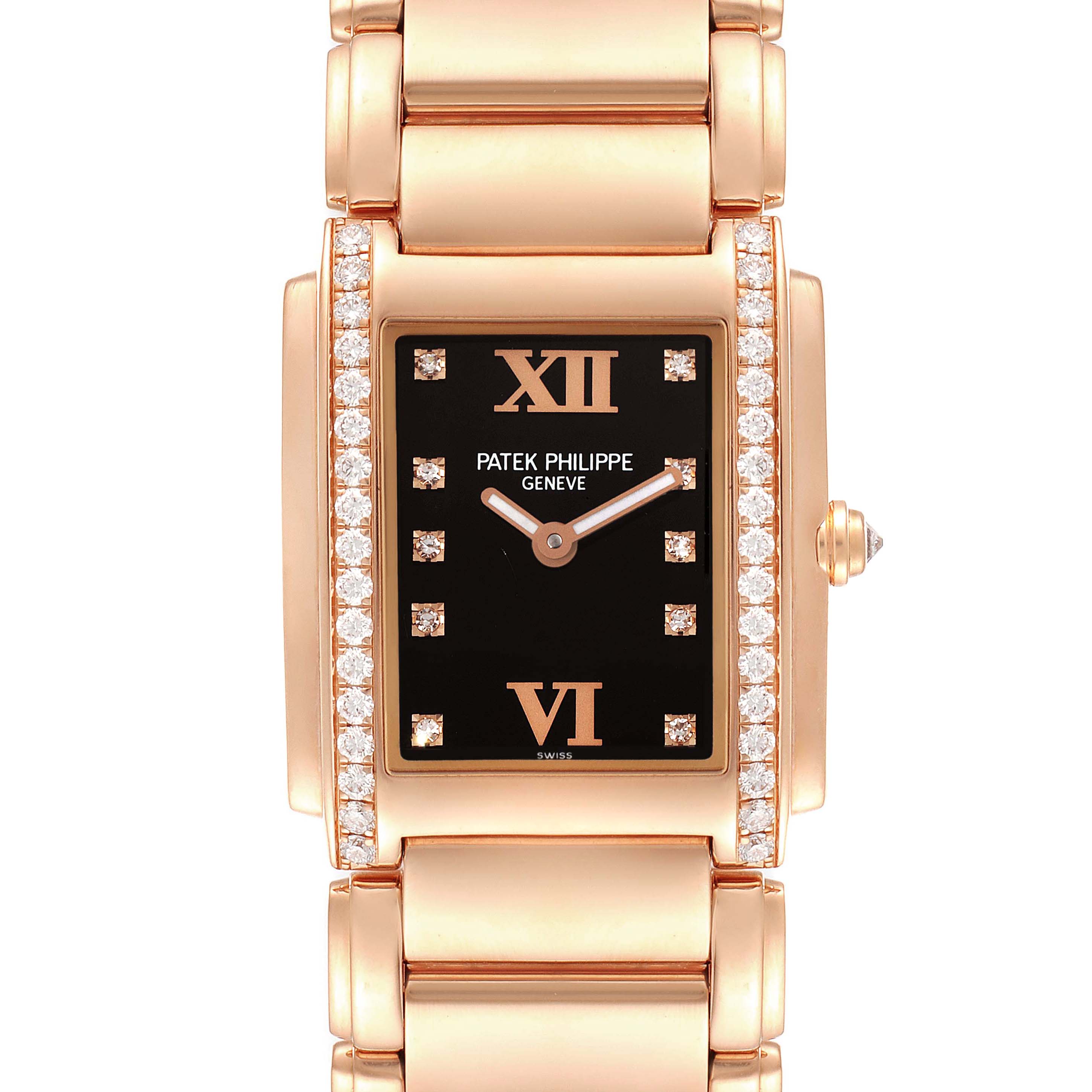 The image shows a front view of the Patek Philippe Twenty-4 4910/11R Women's Rose Gold Black Dial 4910/11R Women's Rose Gold Black Dial watch, highlighting its rectangular dial, bracelet, and diamond embellishments.