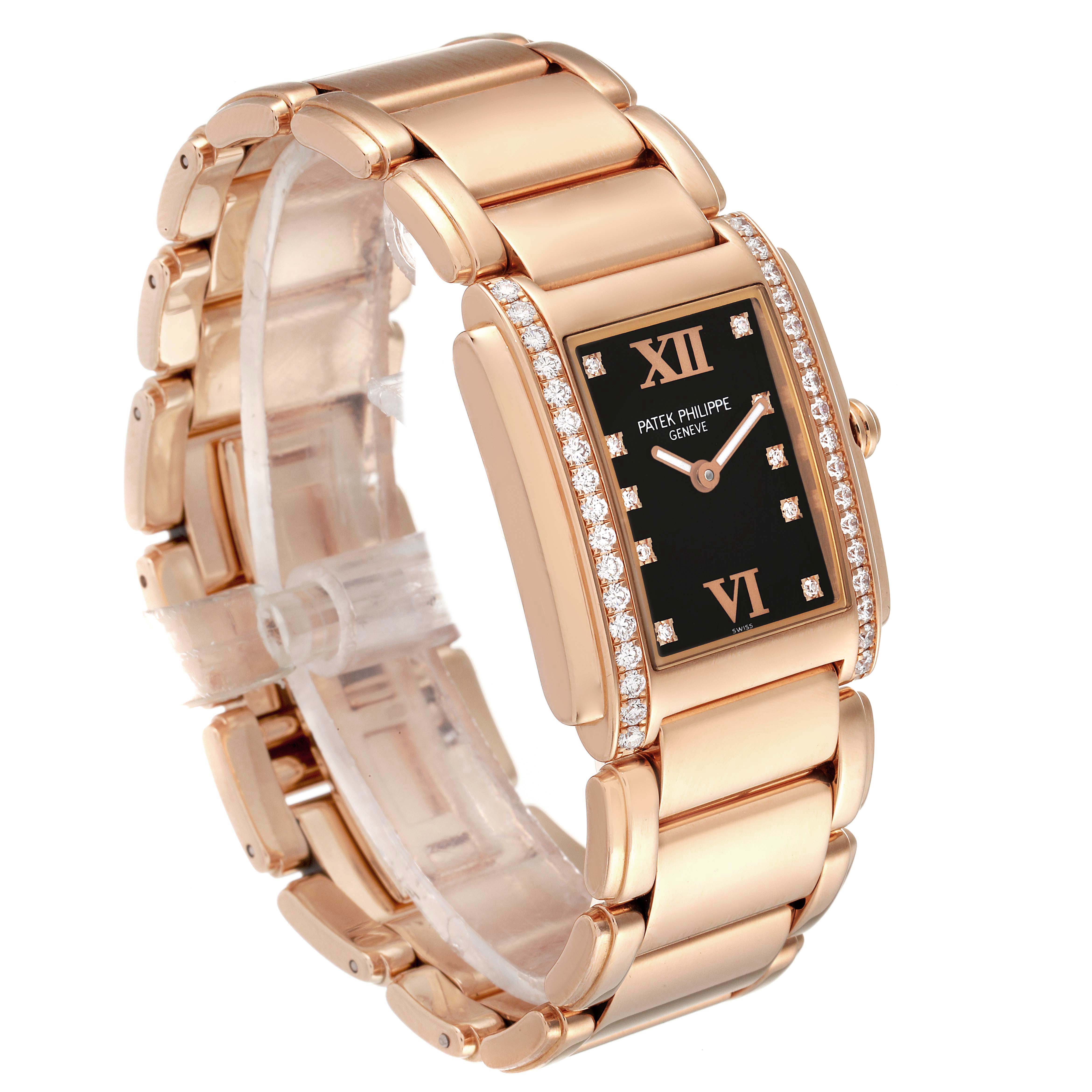 This image shows a Patek Philippe Twenty-4 4910/11R Women's Rose Gold Black Dial 4910/11R Women's Rose Gold Black Dial watch at a slight angle, highlighting the bracelet, case, and face with diamond accents.