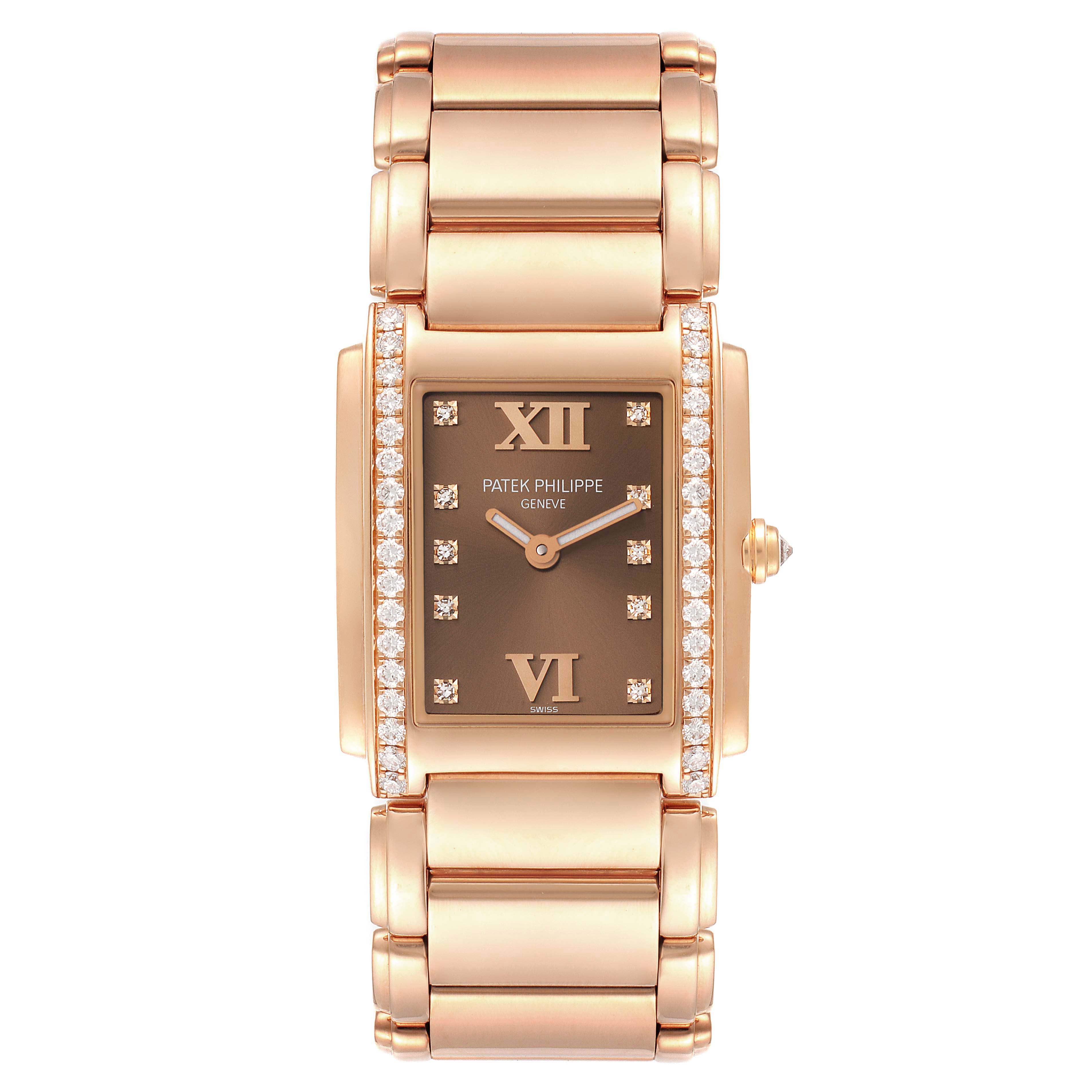 The image shows a front view of the Patek Philippe Twenty-4 4910/11R Women's Rose Gold Brown Dial 4910/11R Women's Rose Gold Brown Dial watch, highlighting its rectangular face, diamond accents, and bracelet.
