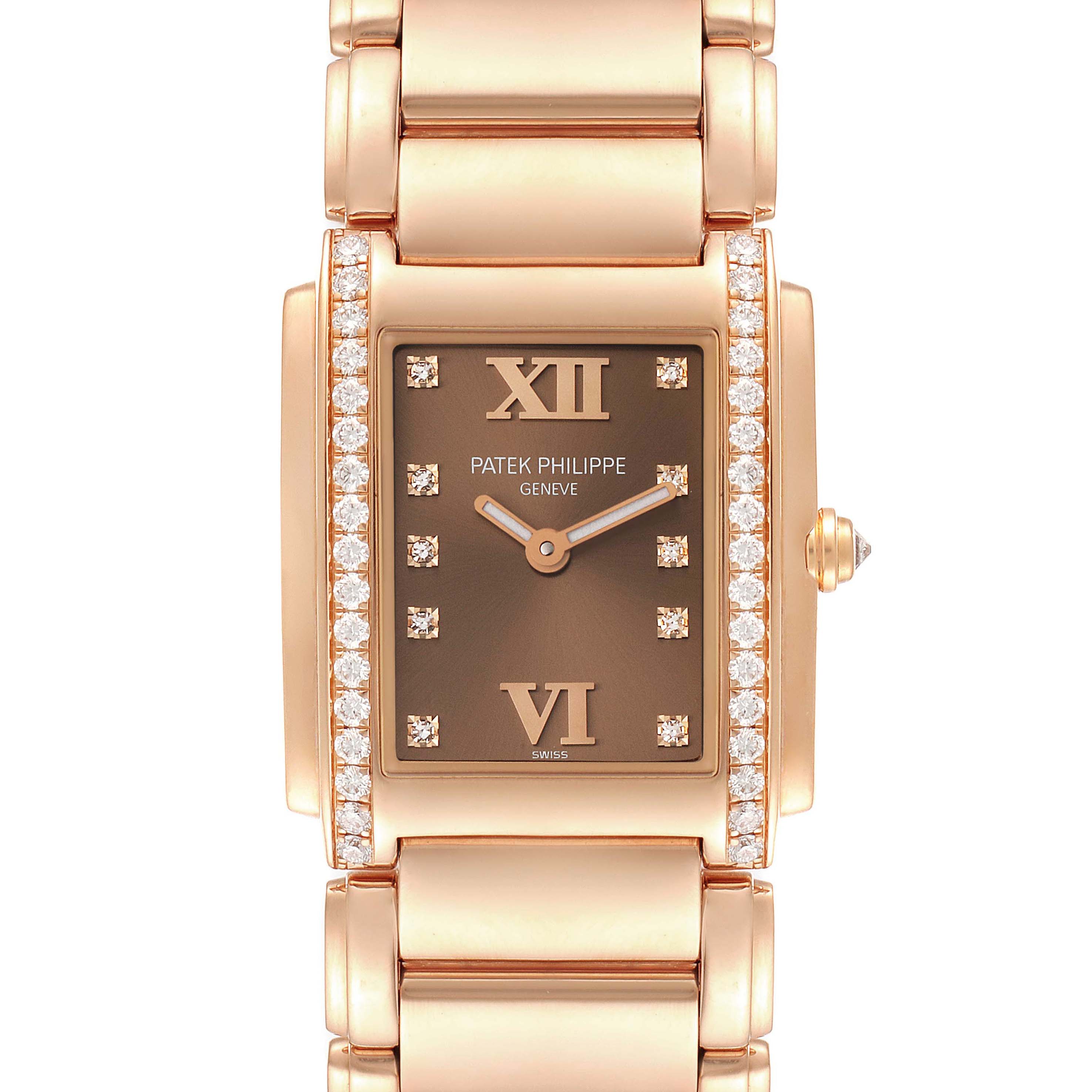The image shows a front view of the Patek Philippe Twenty-4 4910/11R Women's Rose Gold Brown Dial 4910/11R Women's Rose Gold Brown Dial model watch, highlighting its rectangular dial and diamond accents.