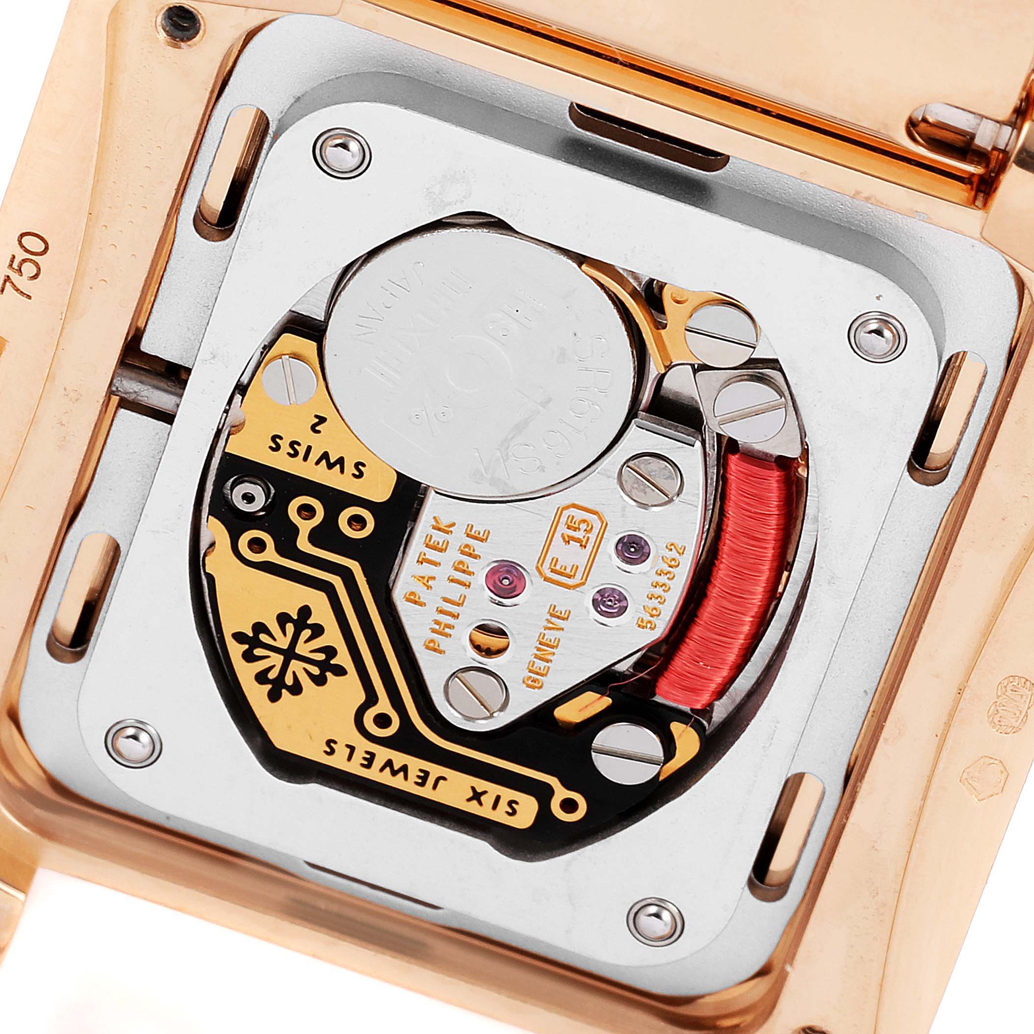 The image shows the internal movement mechanism of the Patek Philippe Twenty-4 4910/11R Women's Rose Gold Brown Dial 4910/11R Women's Rose Gold Brown Dial watch from a back angle.