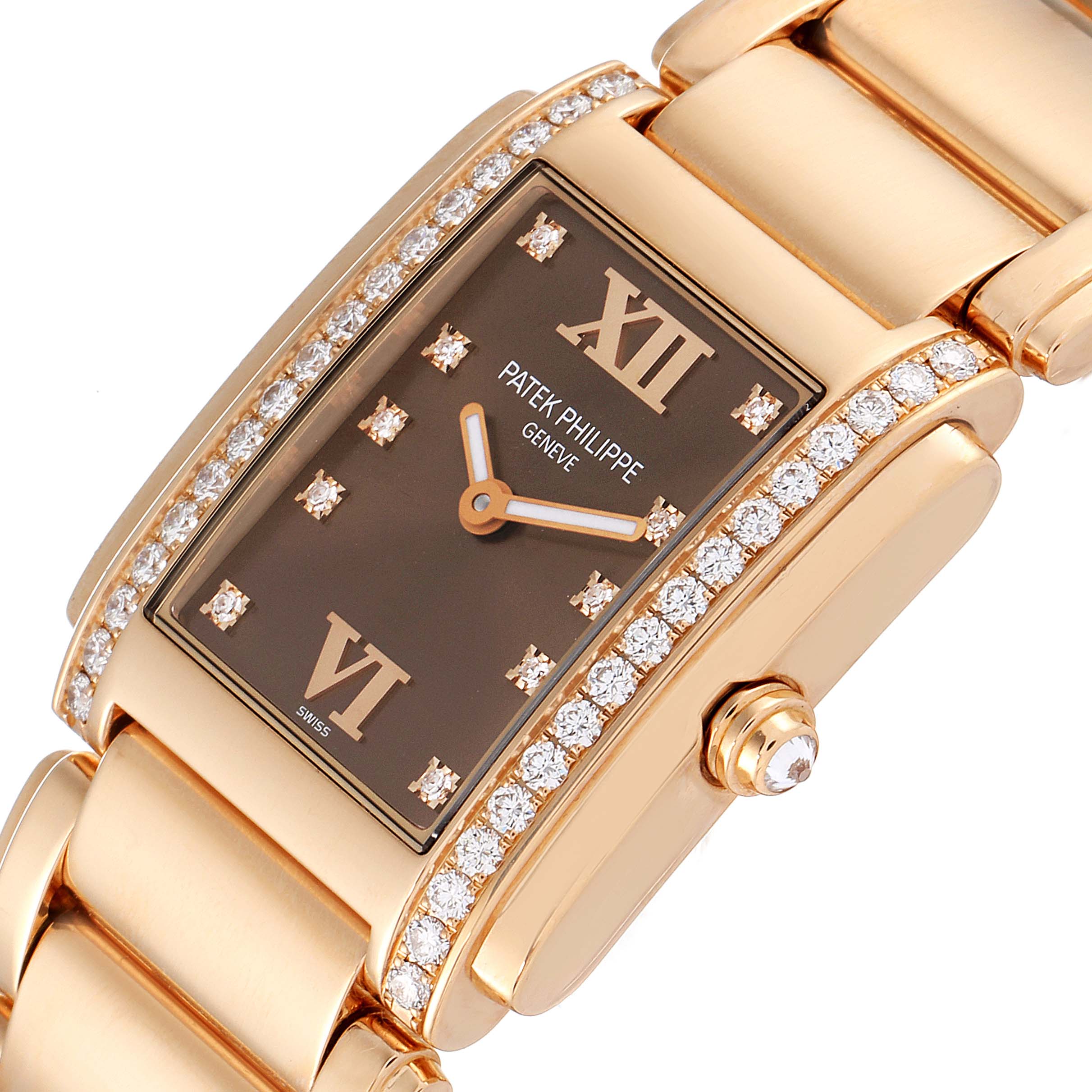 The Patek Philippe Twenty-4 4910/11R Women's Rose Gold Brown Dial 4910/11R Women's Rose Gold Brown Dial watch is shown at an angled close-up, highlighting the diamond-studded bezel and brown dial.