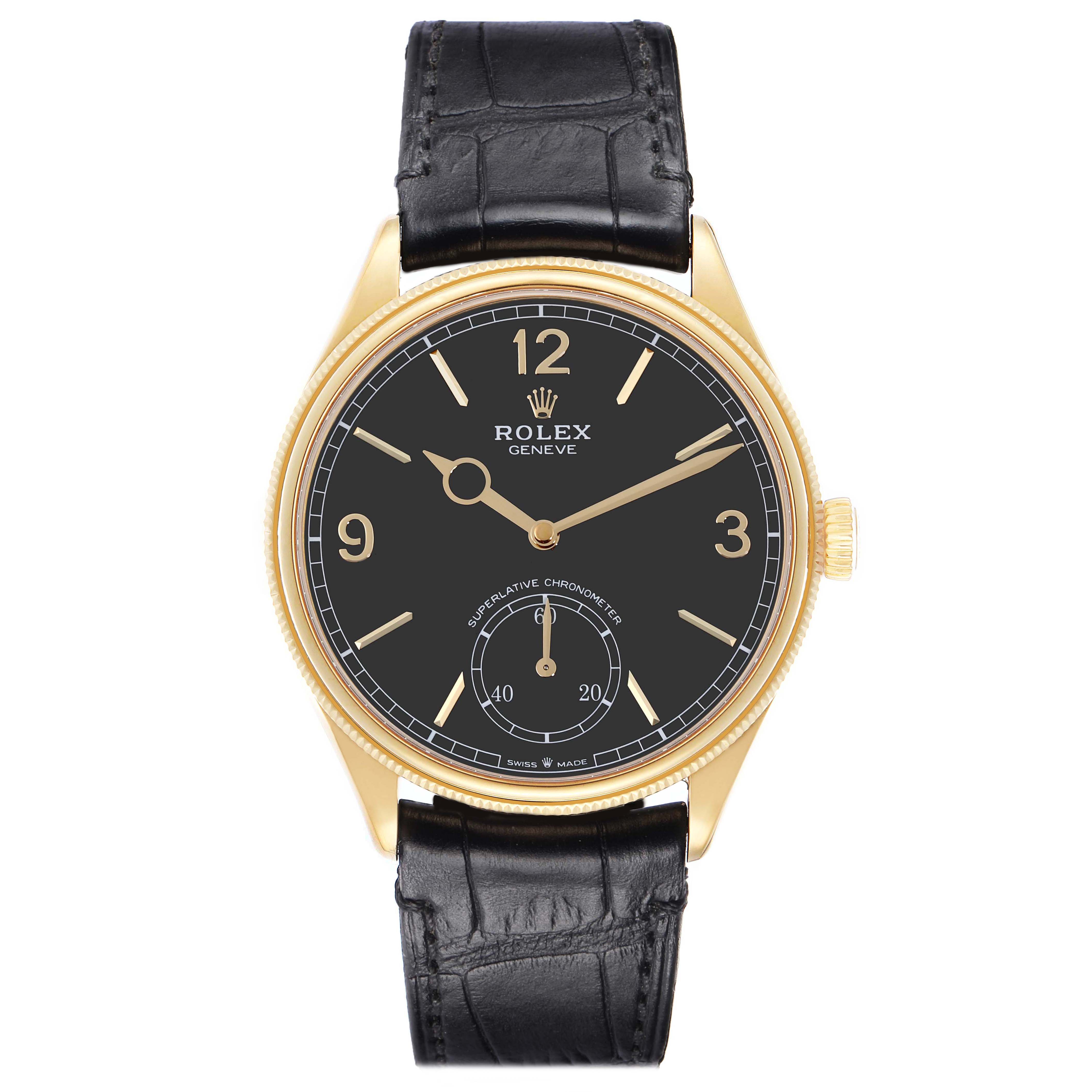 The Rolex 1908 52508 Men
s Yellow Gold Black Dial model is shown from the front, displaying the entire face, bezel, and leather strap.