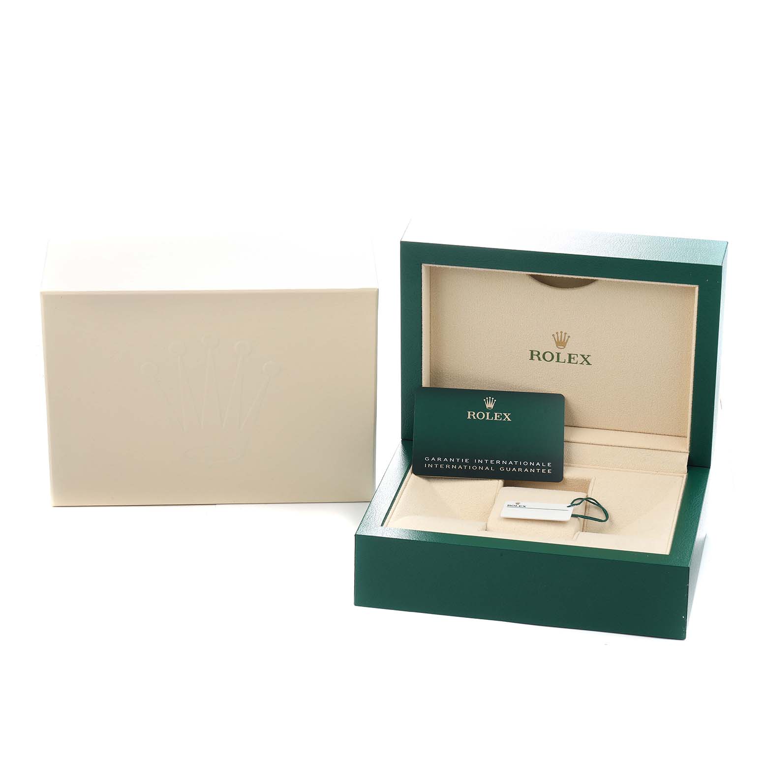 The image shows the open packaging and accessories for a Rolex 1908 52508 Men
s Yellow Gold Black Dial model, including an outer box, inner box, guarantee card, and tag.