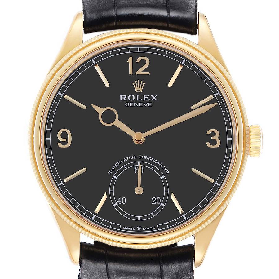 The Rolex 1908 52508 Men's Yellow Gold Black Dial is shown from the front, highlighting its black dial, gold markers, and leather strap.