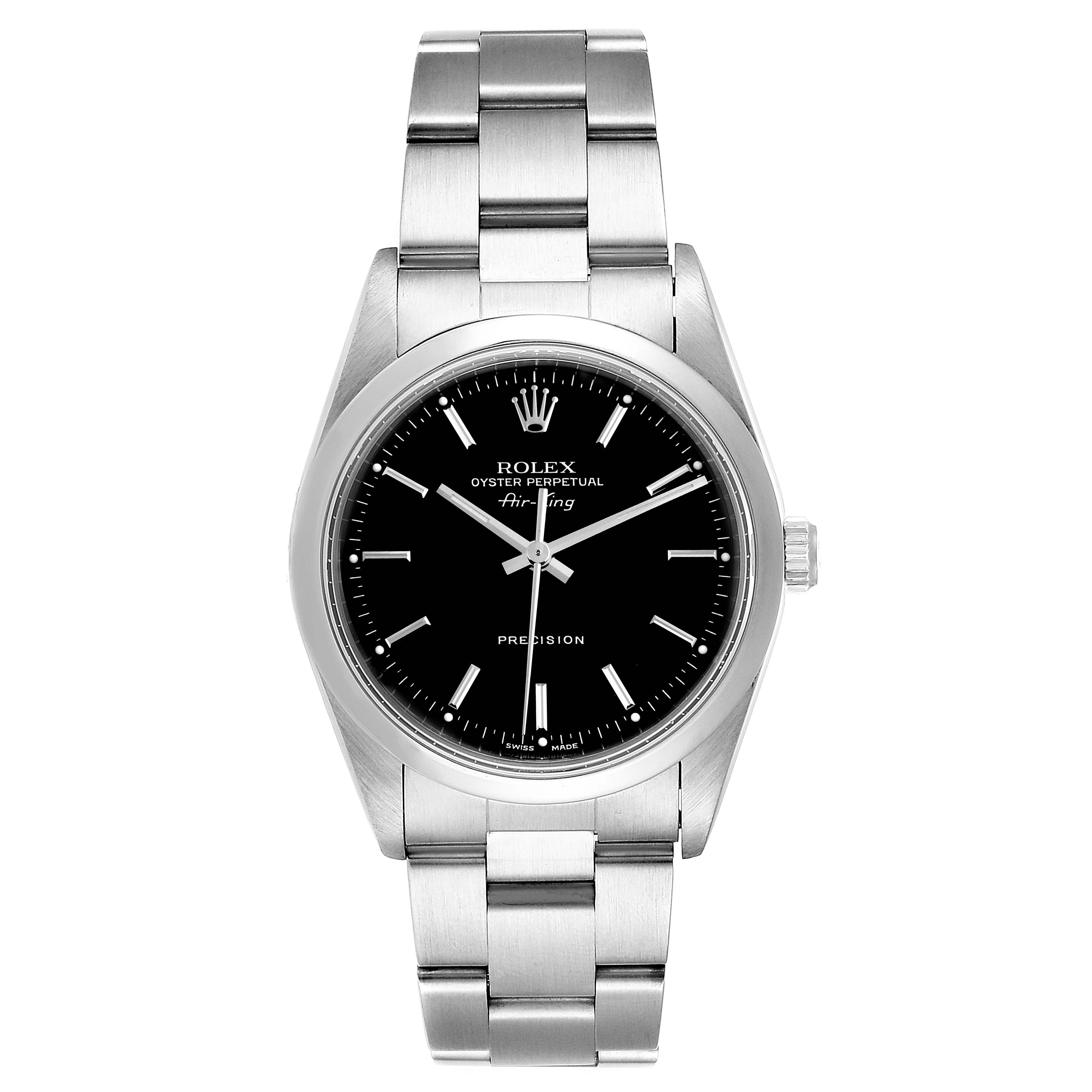 The image shows a front view of a Rolex Air-King 14000 Men's Stainless Steel Black Dial 14000 Men's Stainless Steel Black Dial watch displaying the face, bezel, case, bracelet, and crown.
