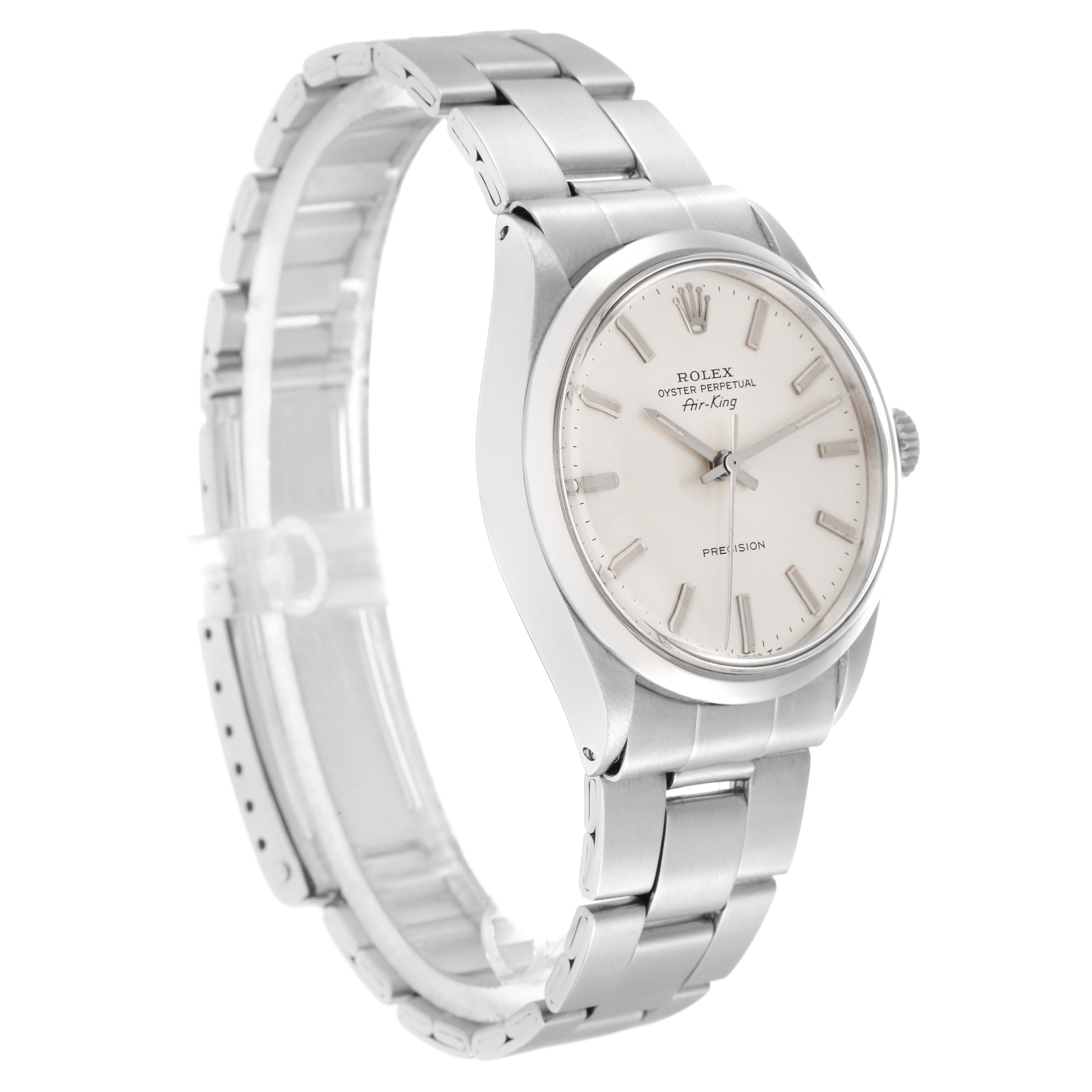 The image shows a side view of the Rolex Vintage Collection 5500 Men
s Stainless Steel Silver Dial watch, highlighting the face, bezel, and stainless steel bracelet.