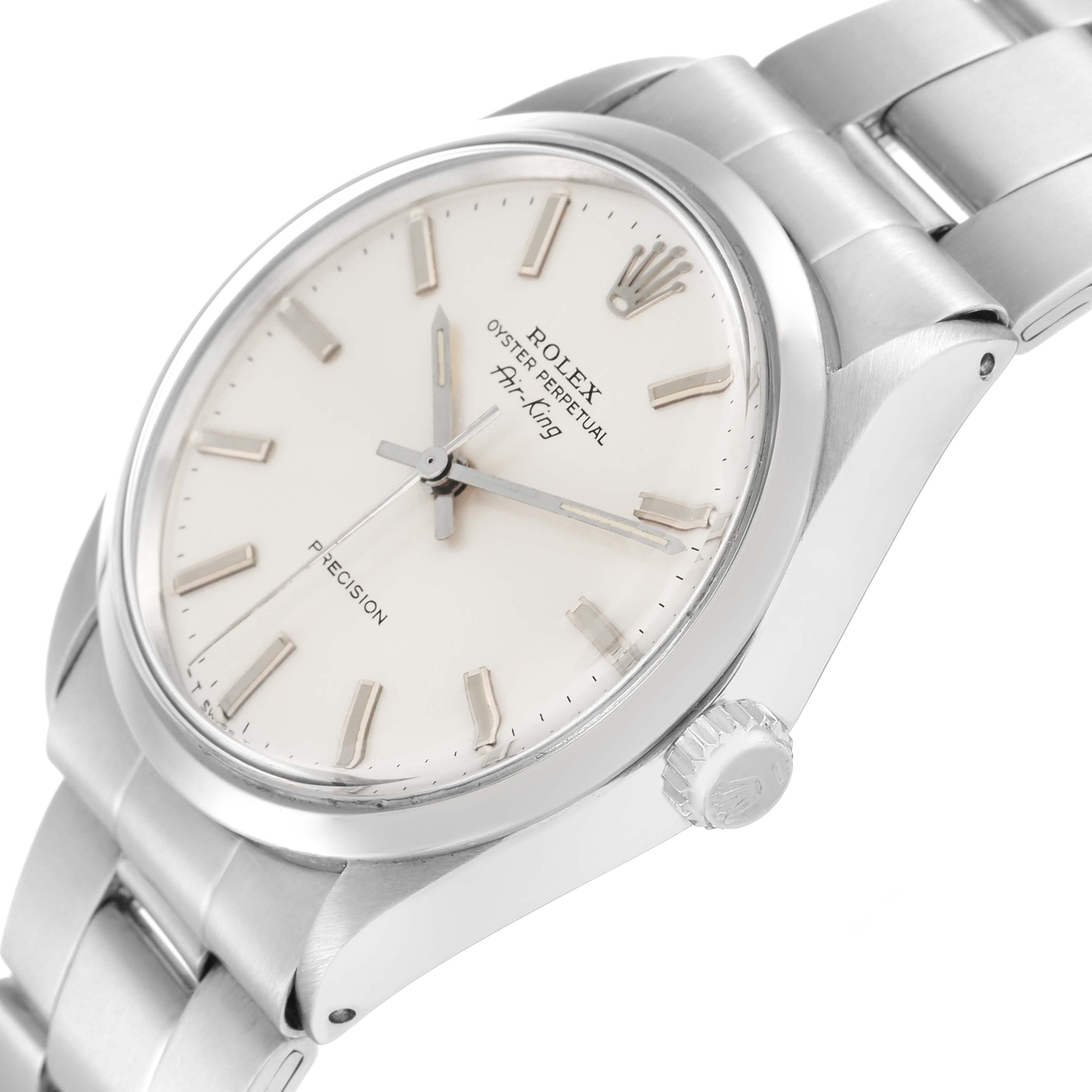 The Rolex Vintage Collection 5500 Men
s Stainless Steel Silver Dial watch is shown from a slightly angled side view, displaying the face, bezel, crown, and part of the bracelet.