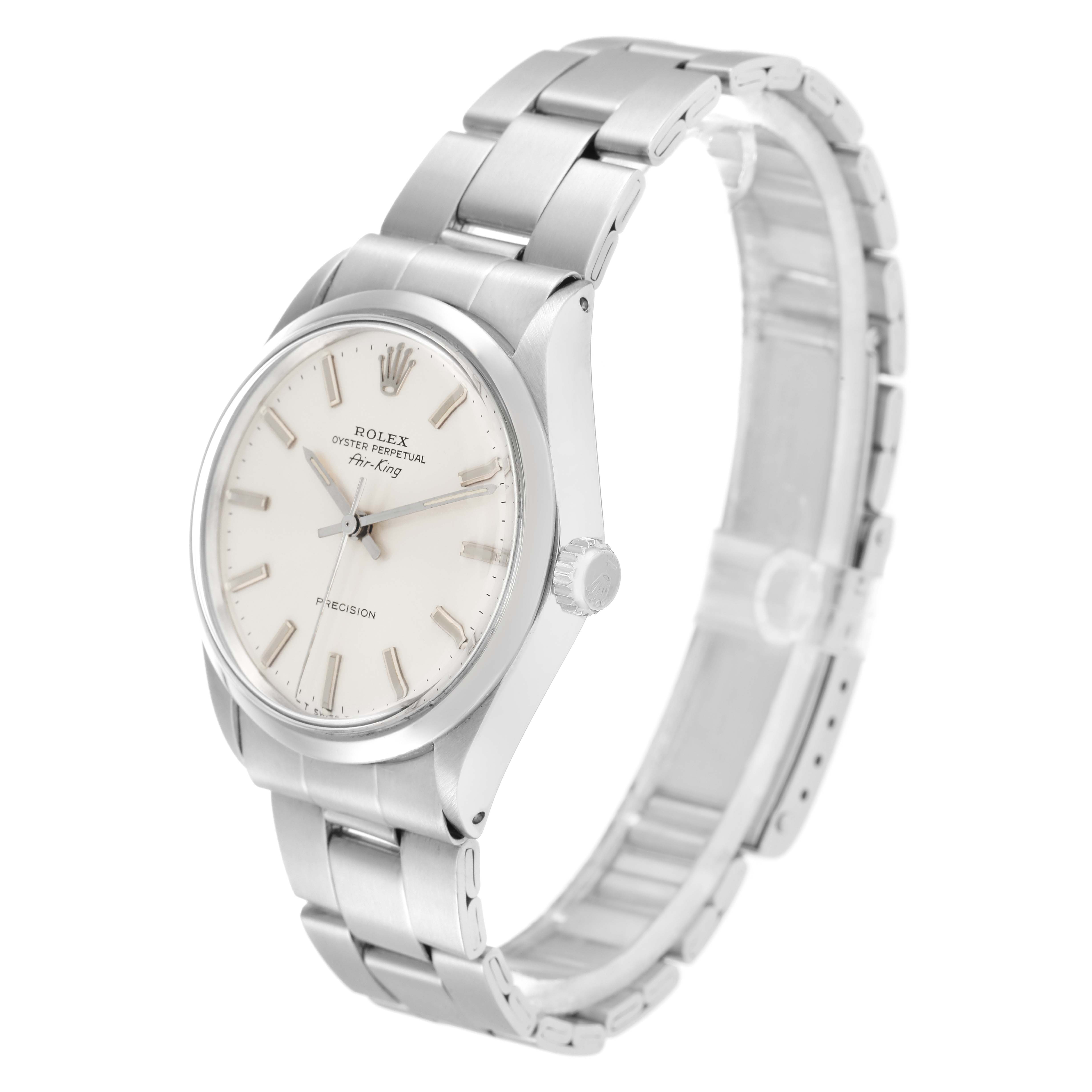 The Rolex Vintage Collection 5500 Men
s Stainless Steel Silver Dial watch is shown at a three-quarter angle highlighting its face, case, and bracelet.