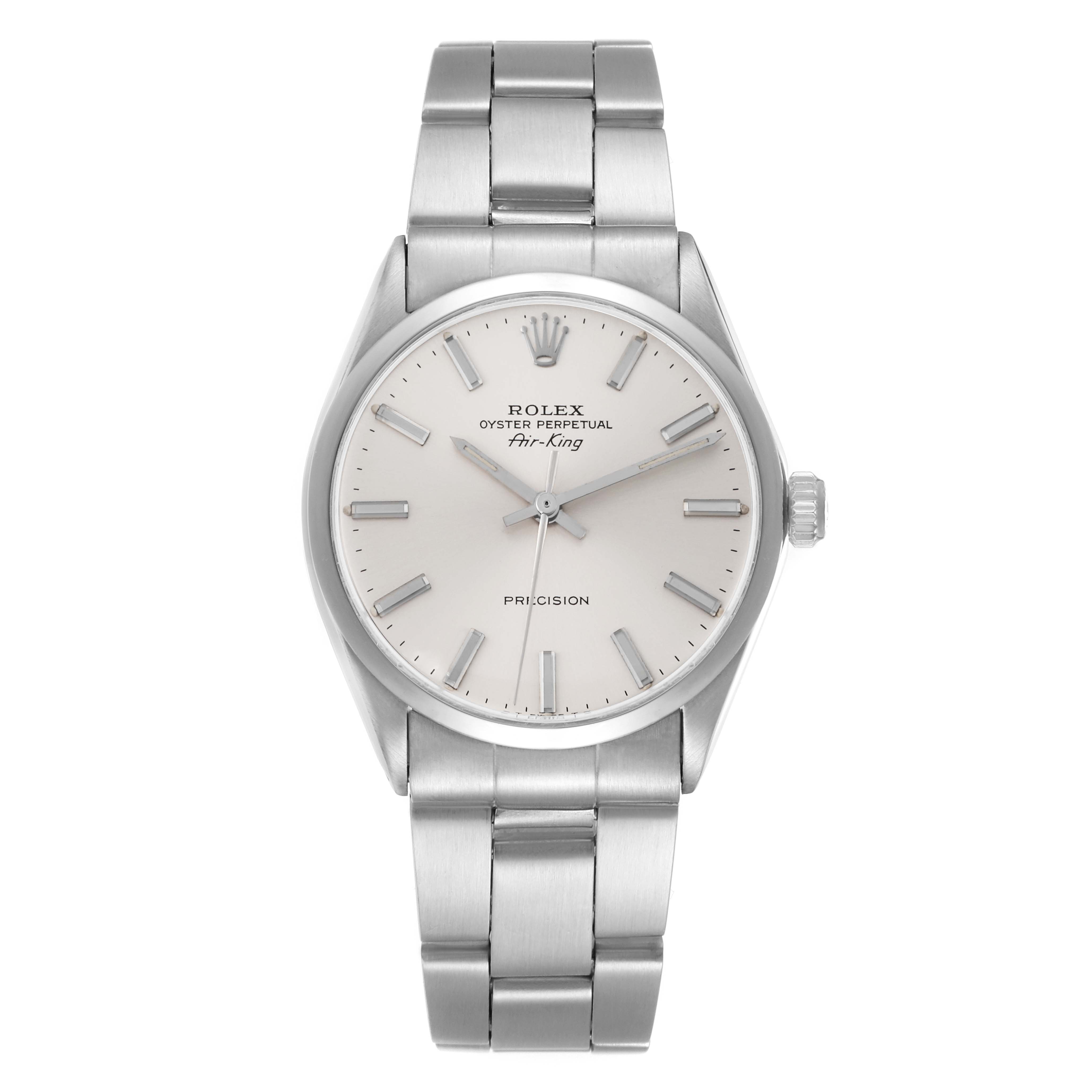 The Rolex Vintage Collection 5500 Men
s Stainless Steel Silver Dial watch is shown from a front angle, displaying the dial, hands, bezel, and full bracelet.