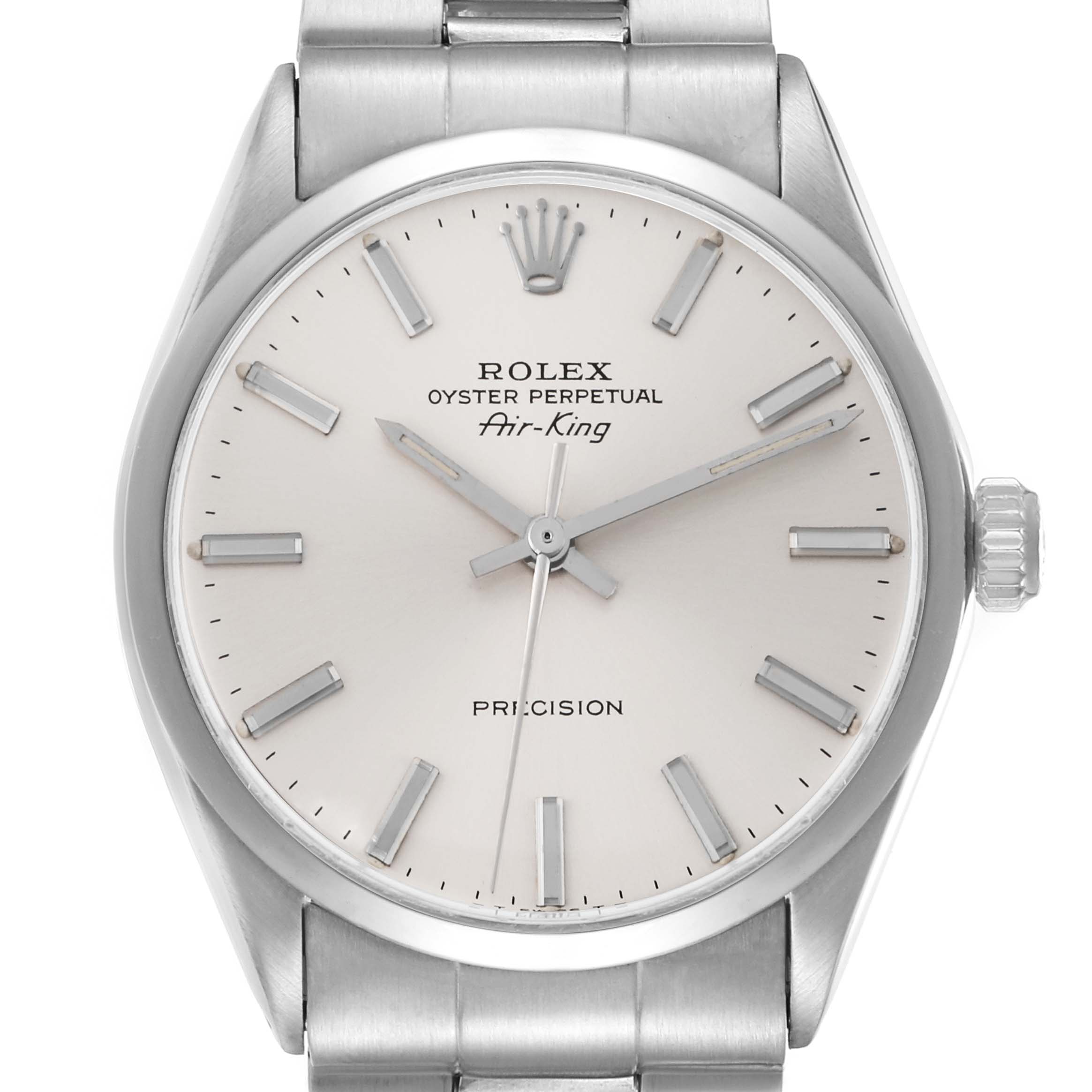 The Rolex Vintage Collection 5500 Men
s Stainless Steel Silver Dial watch is shown from the front, highlighting the dial, crown, and part of the bracelet.