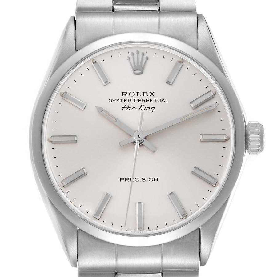 The Rolex Vintage Collection 5500 Men's Stainless Steel Silver Dial watch is shown from the front, highlighting the dial, crown, and part of the bracelet.