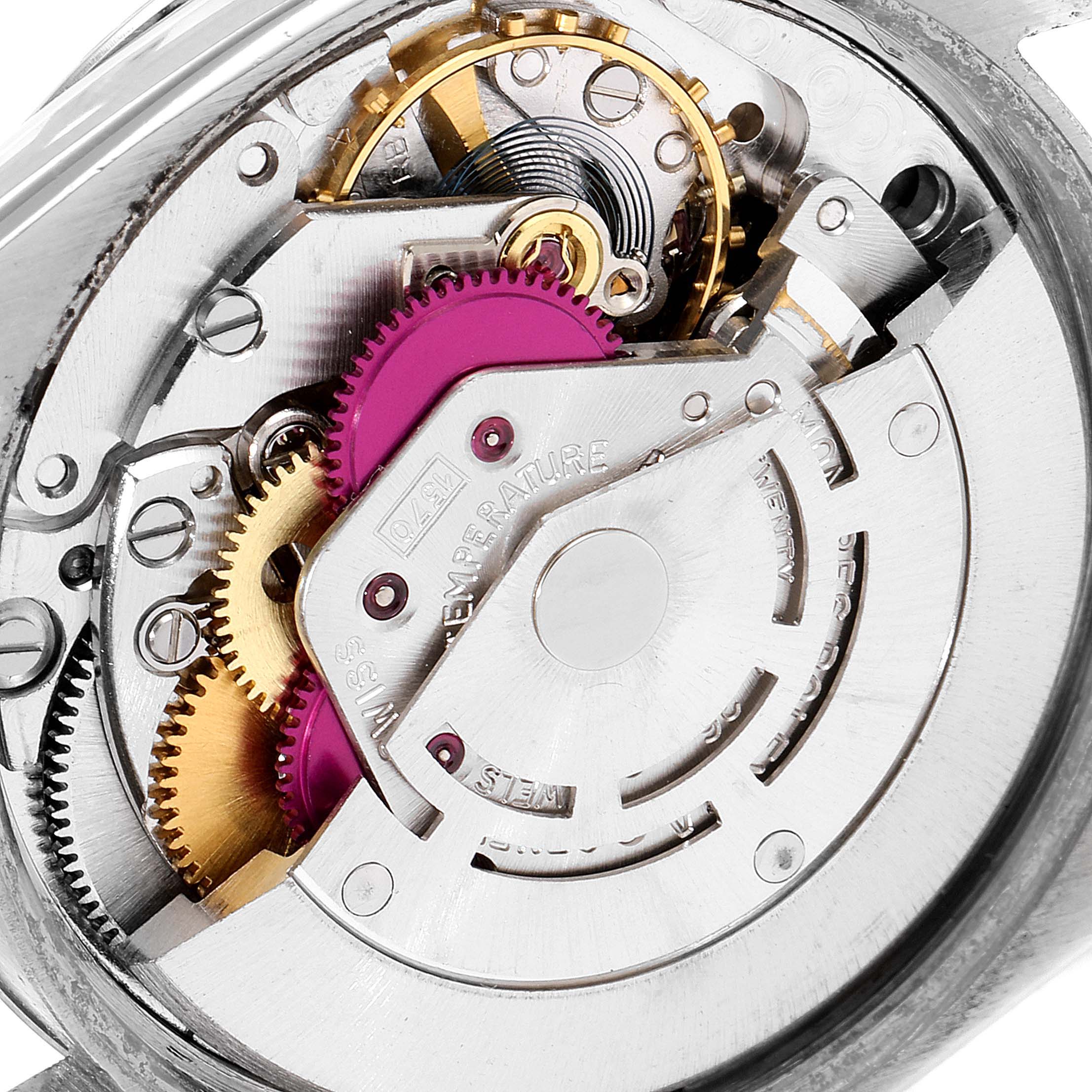 The image shows an up-close view of the internal mechanical movement of a Rolex Vintage Collection 5500 Men
s Stainless Steel Silver Dial 5500 Men
s Stainless Steel Silver Dial watch.
