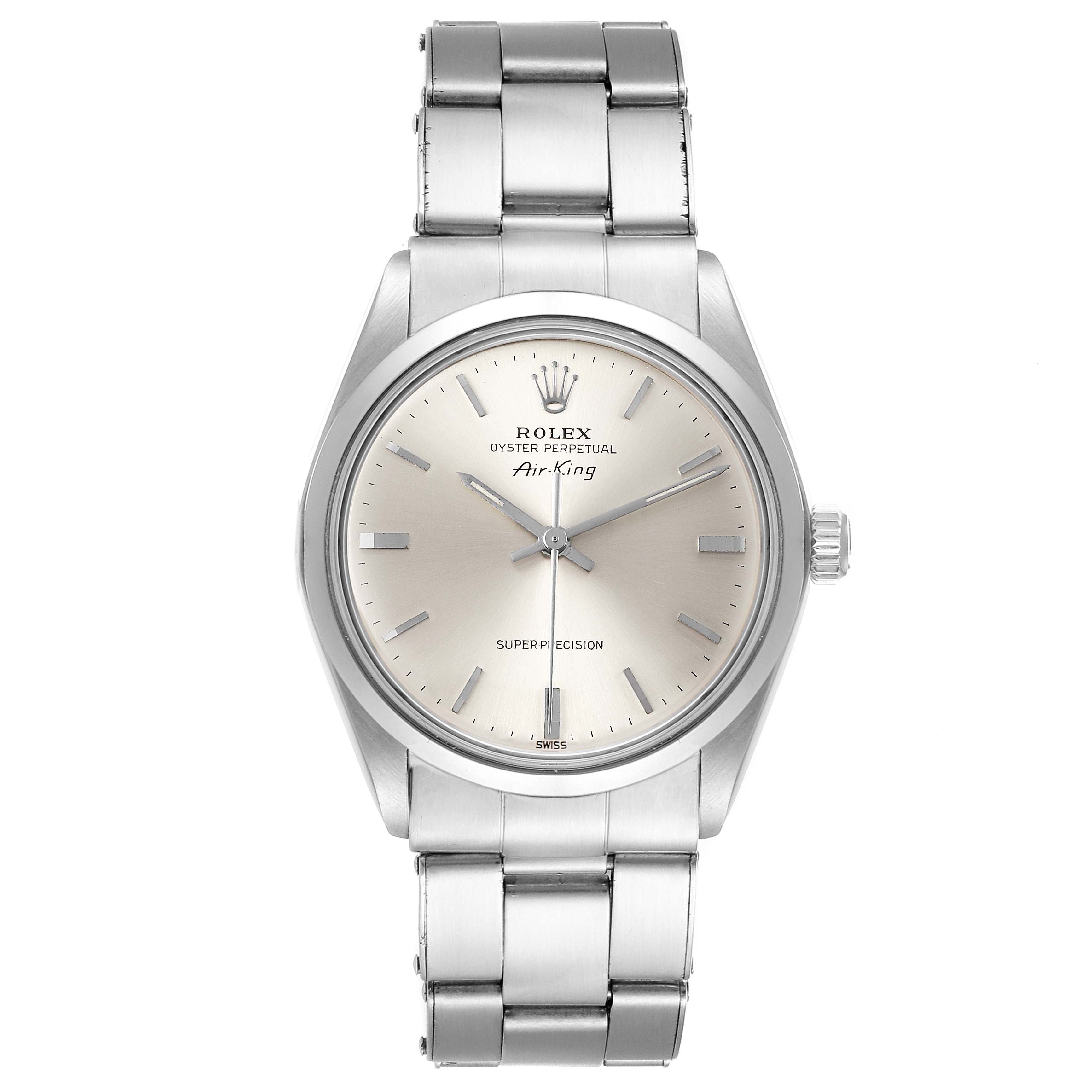 The image shows a front view of a Rolex Air-King watch from the Vintage Collection, highlighting the dial, bracelet, and crown.