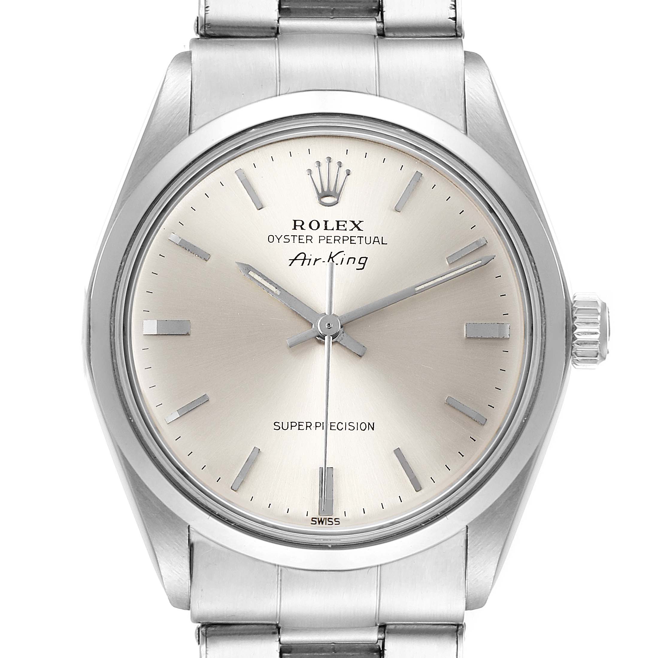 This image shows a frontal view of a Rolex Vintage Collection 5500 Men
s Stainless Steel Silver Dial 5500 Men
s Stainless Steel Silver Dial model Air-King watch, displaying the face, bezel, and bracelet.