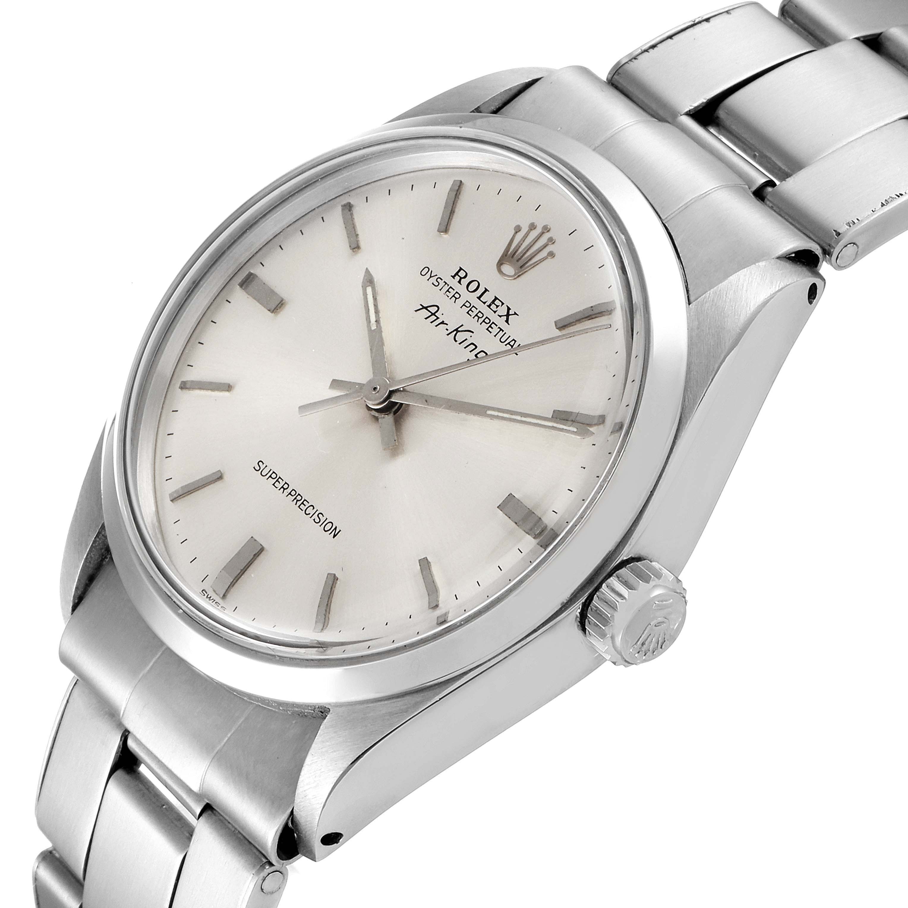 This image shows the Rolex Vintage Collection 5500 Men
s Stainless Steel Silver Dial 5500 Men
s Stainless Steel Silver Dial watch model Air-King at a slight angle, highlighting the face, bezel, and part of the bracelet.