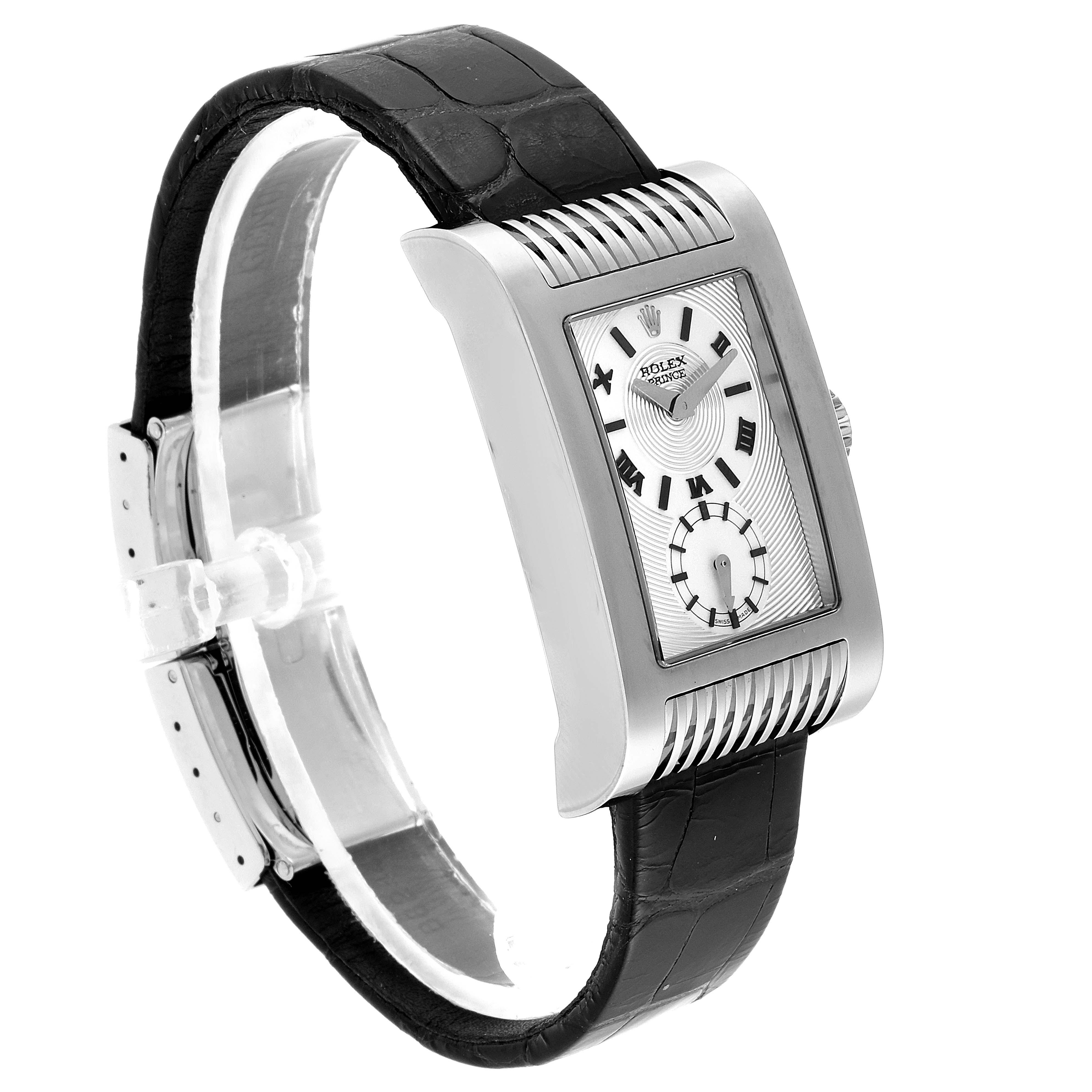 The image shows a side and partial front angle of a Rolex Cellini 5441/9 Men's White Gold Silver Dial 5441/9 Men's White Gold Silver Dial watch, highlighting its rectangular case and black leather strap.