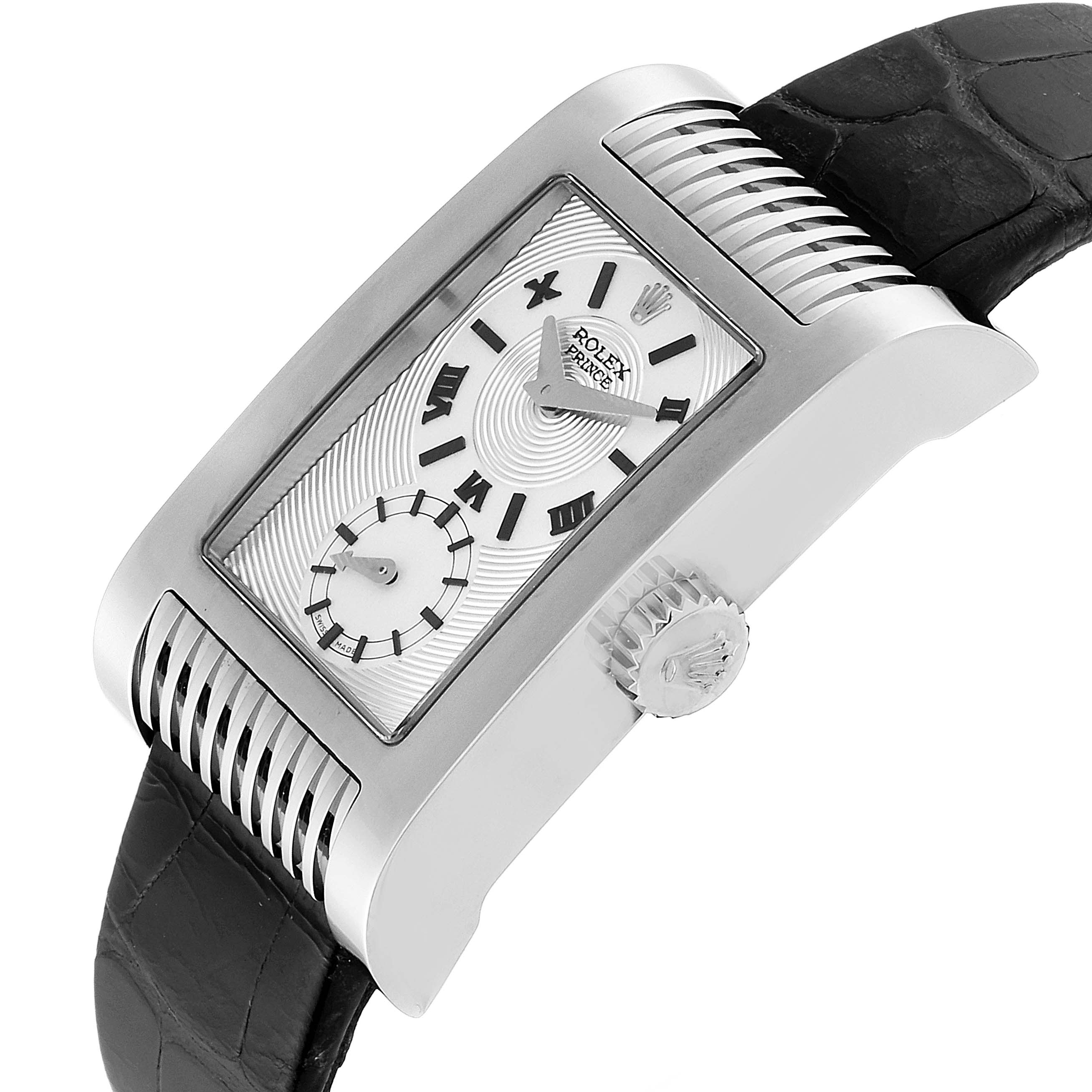 The image shows a side view of a Rolex Cellini 5441/9 Men's White Gold Silver Dial 5441/9 Men's White Gold Silver Dial watch featuring its dial, crown, and black leather strap.