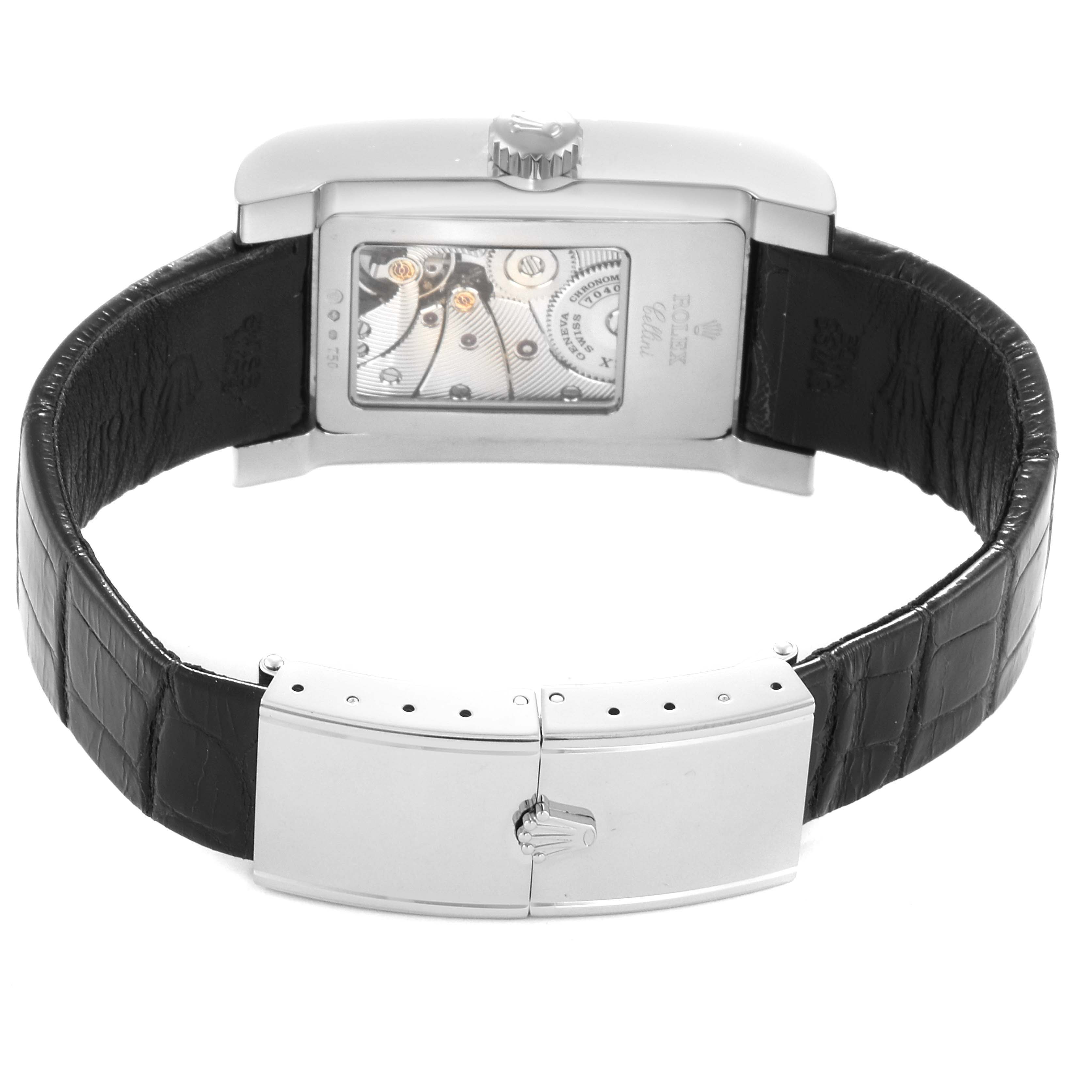 This image shows the back view of the Rolex Cellini 5441/9 Men's White Gold Silver Dial 5441/9 Men's White Gold Silver Dial watch, highlighting its movement and leather strap with a clasp.