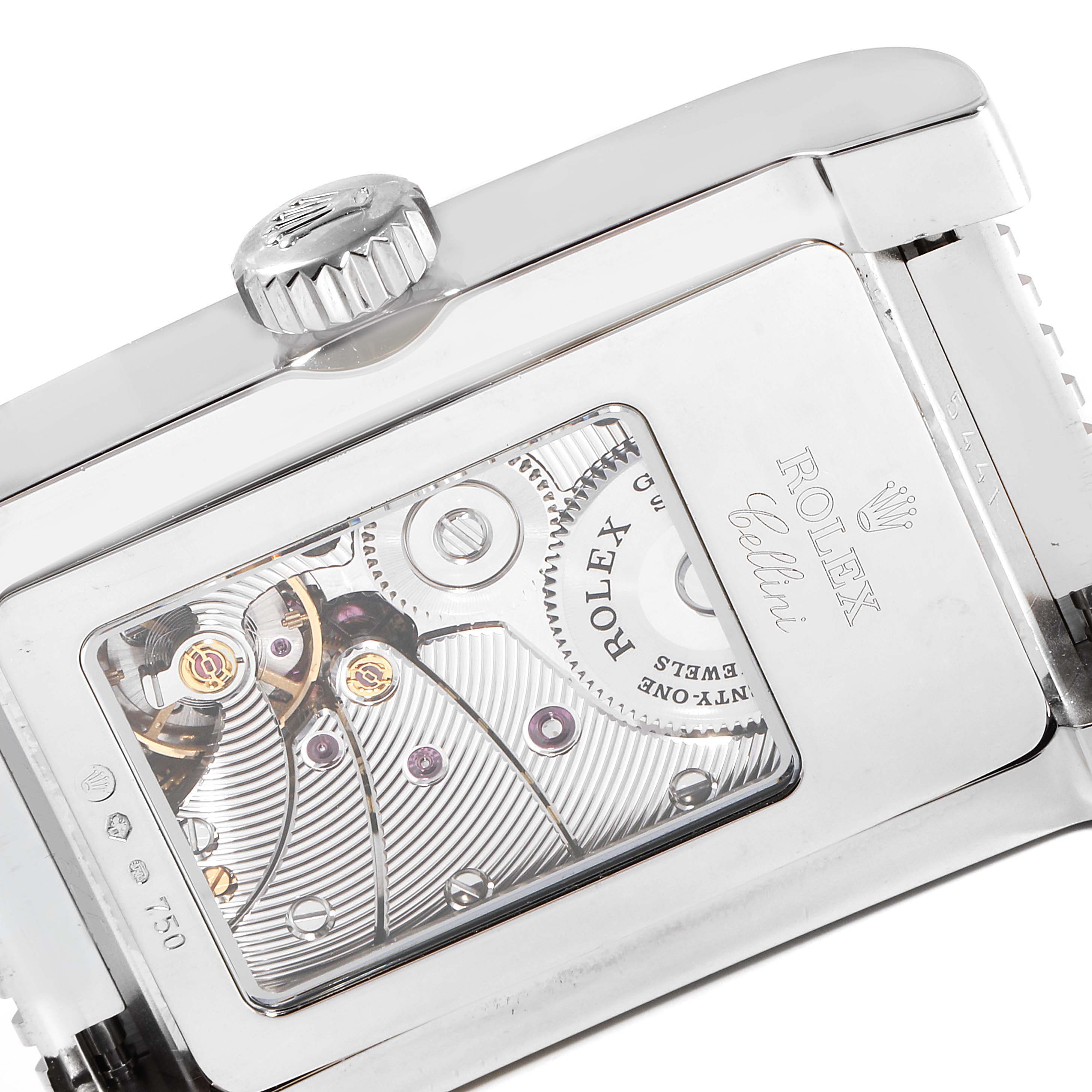 The image shows the back view and internal mechanism of a Rolex Cellini 5441/9 Men's White Gold Silver Dial 5441/9 Men's White Gold Silver Dial watch, emphasizing the movement and branding.