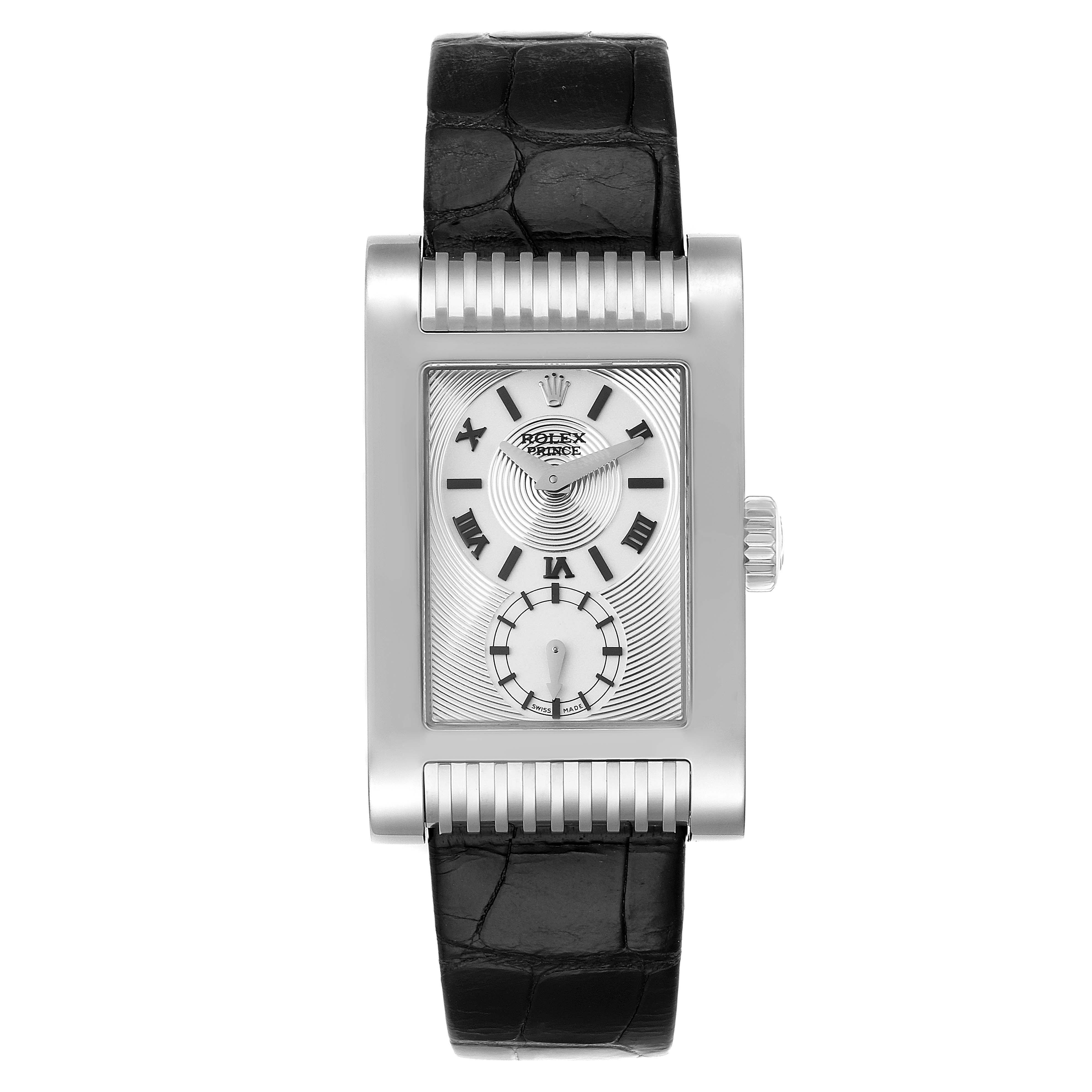 This image shows a front view of the Rolex Cellini 5441/9 Men's White Gold Silver Dial 5441/9 Men's White Gold Silver Dial model watch, highlighting the rectangular face, dial, and black leather strap.
