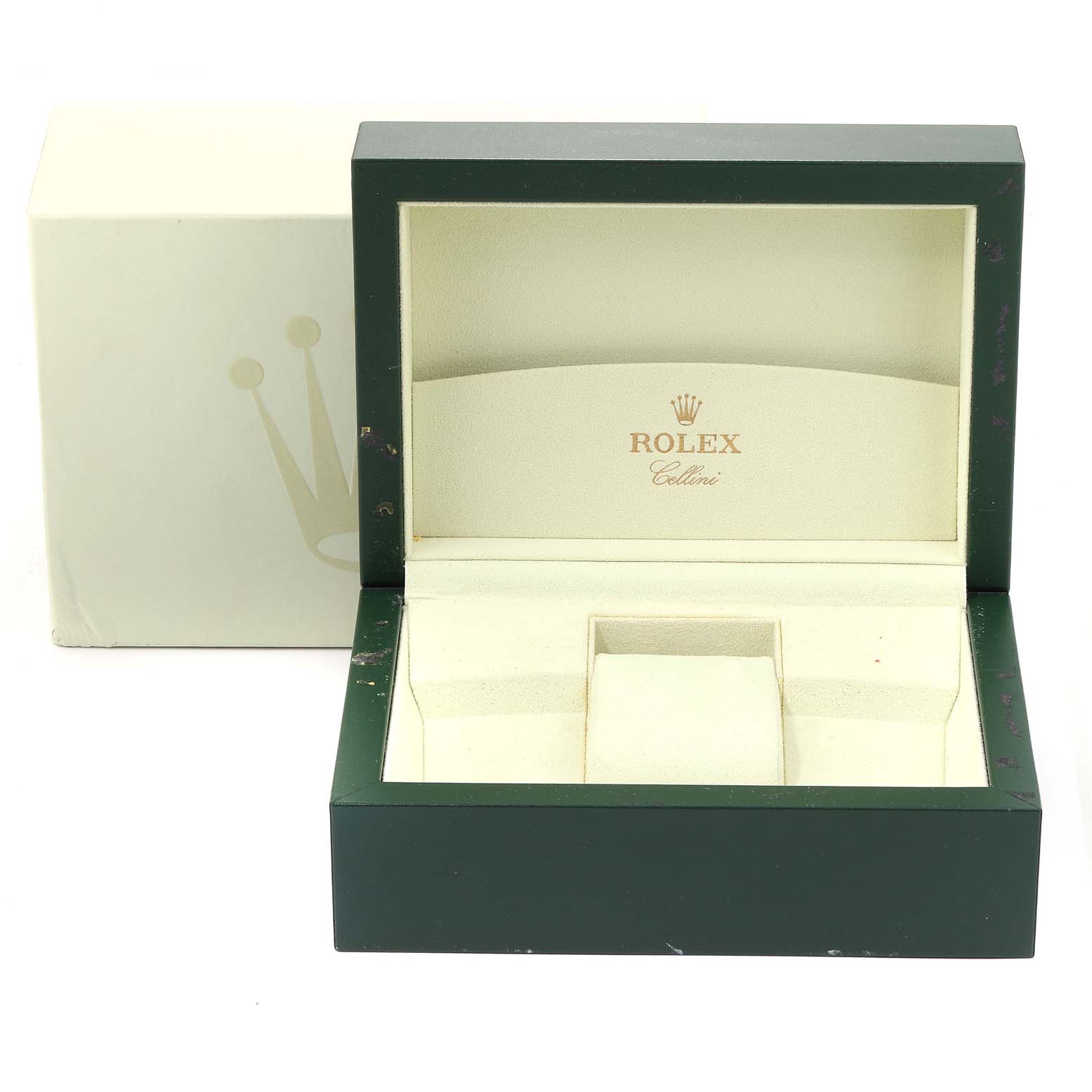 This image shows an empty Rolex Cellini 5441/9 Men's White Gold Silver Dial 5441/9 Men's White Gold Silver Dial watch box, open to display the interior.