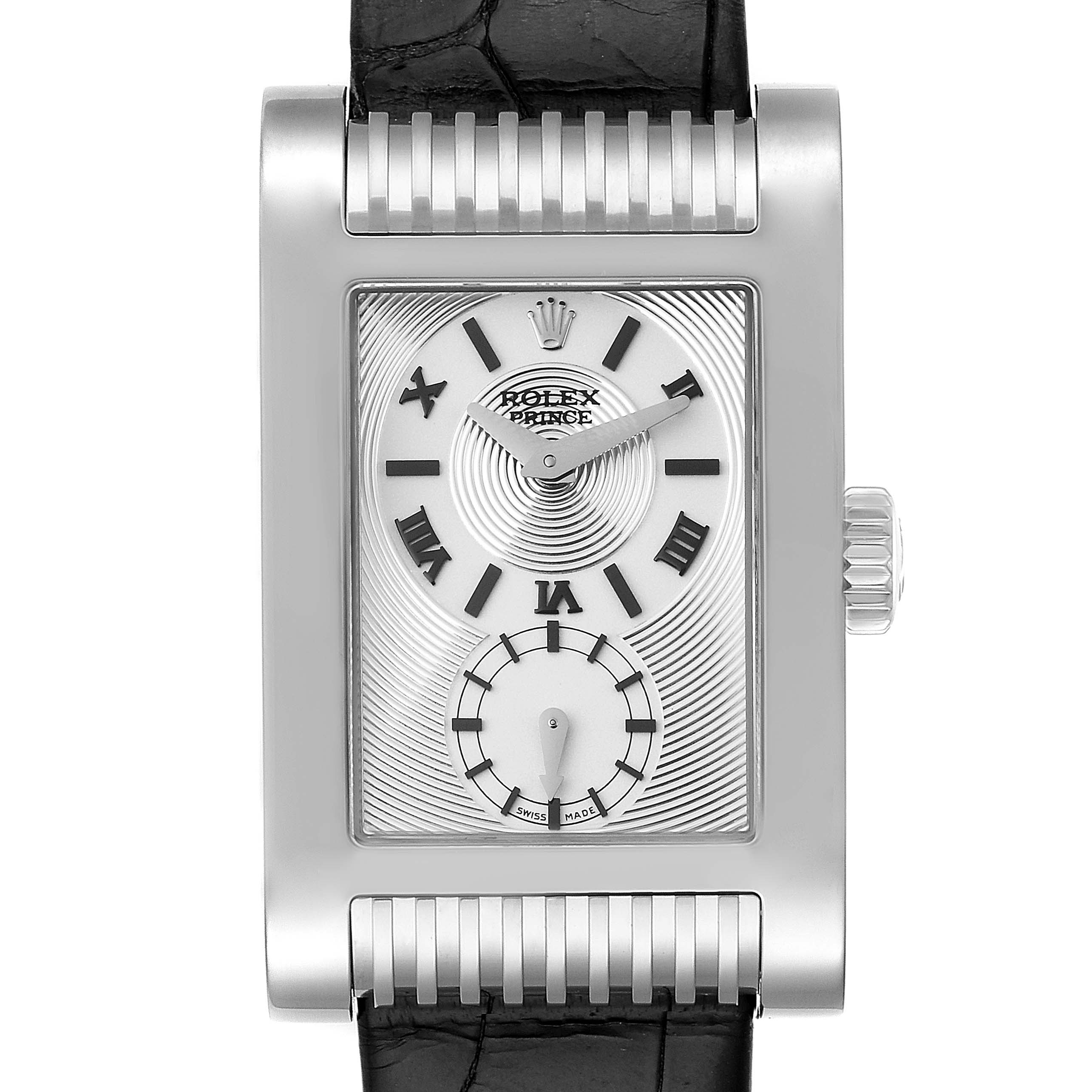 The image shows the front view of a Rolex Cellini 5441/9 Men's White Gold Silver Dial 5441/9 Men's White Gold Silver Dial Prince watch, displaying its dial, Roman numerals, and crown.