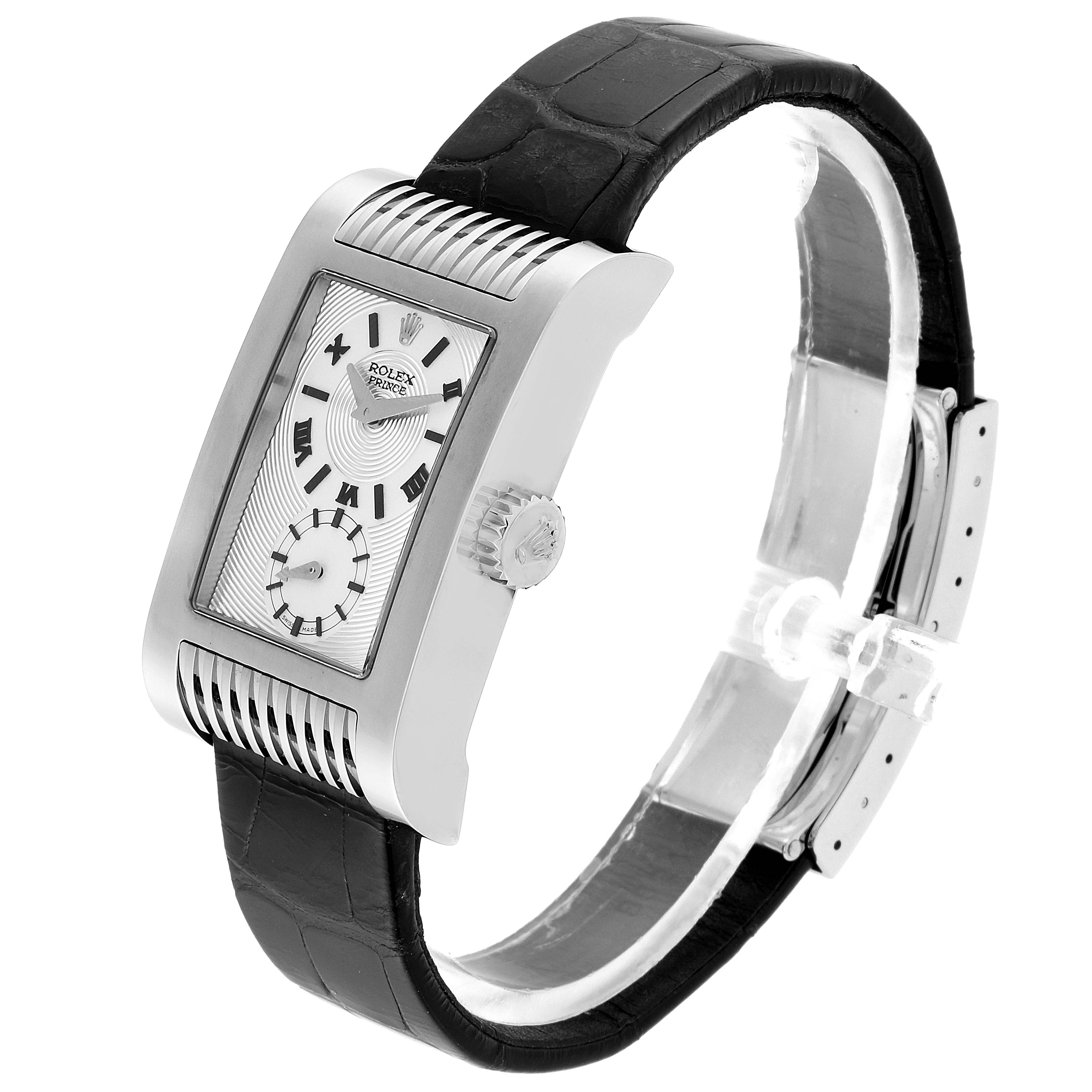 This image shows a side-angle view of a Rolex Cellini 5441/9 Men's White Gold Silver Dial 5441/9 Men's White Gold Silver Dial watch, highlighting its face, crown, and black leather strap.